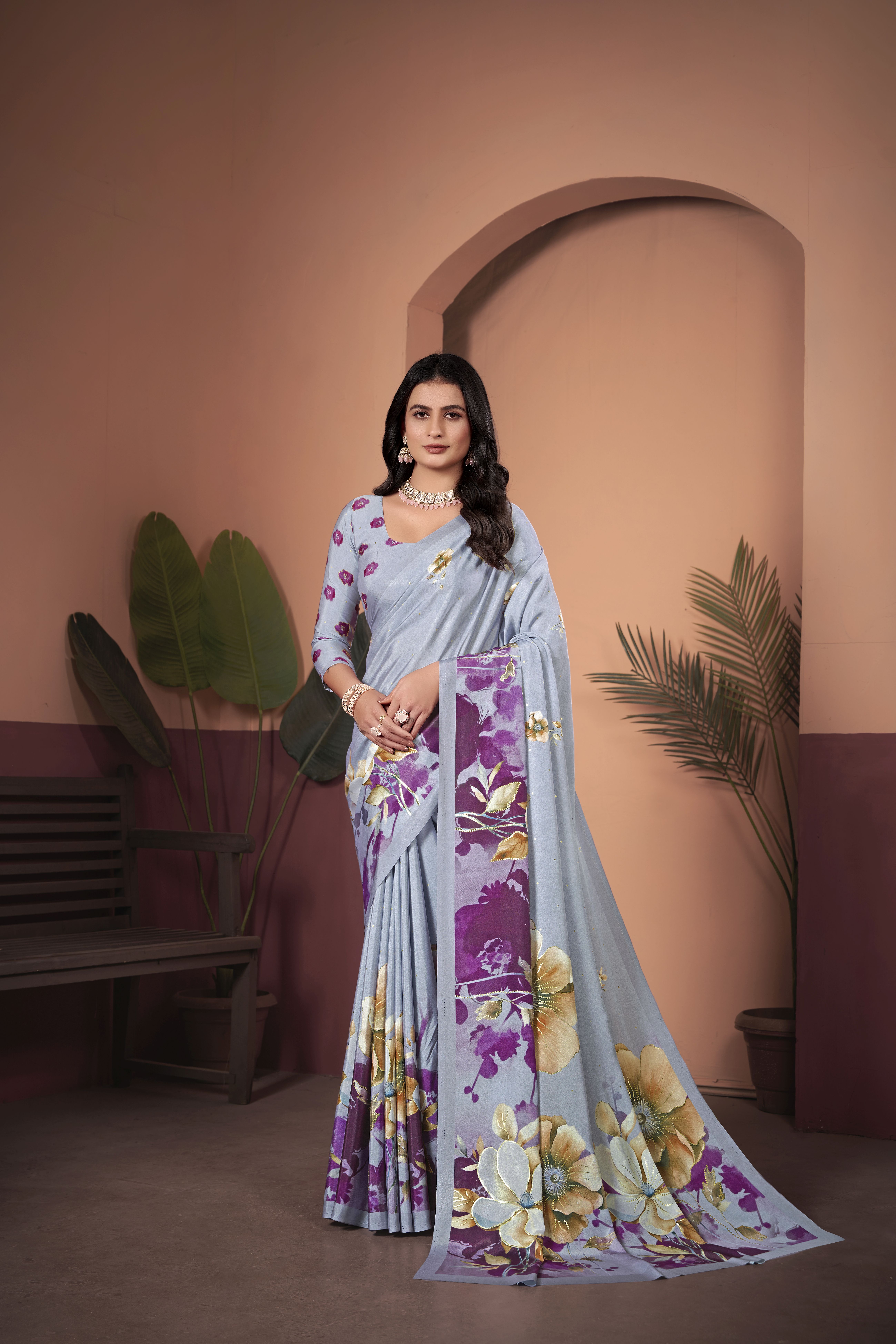 Elegant Grey Soft Crepe Silk Saree with Matching Blouse