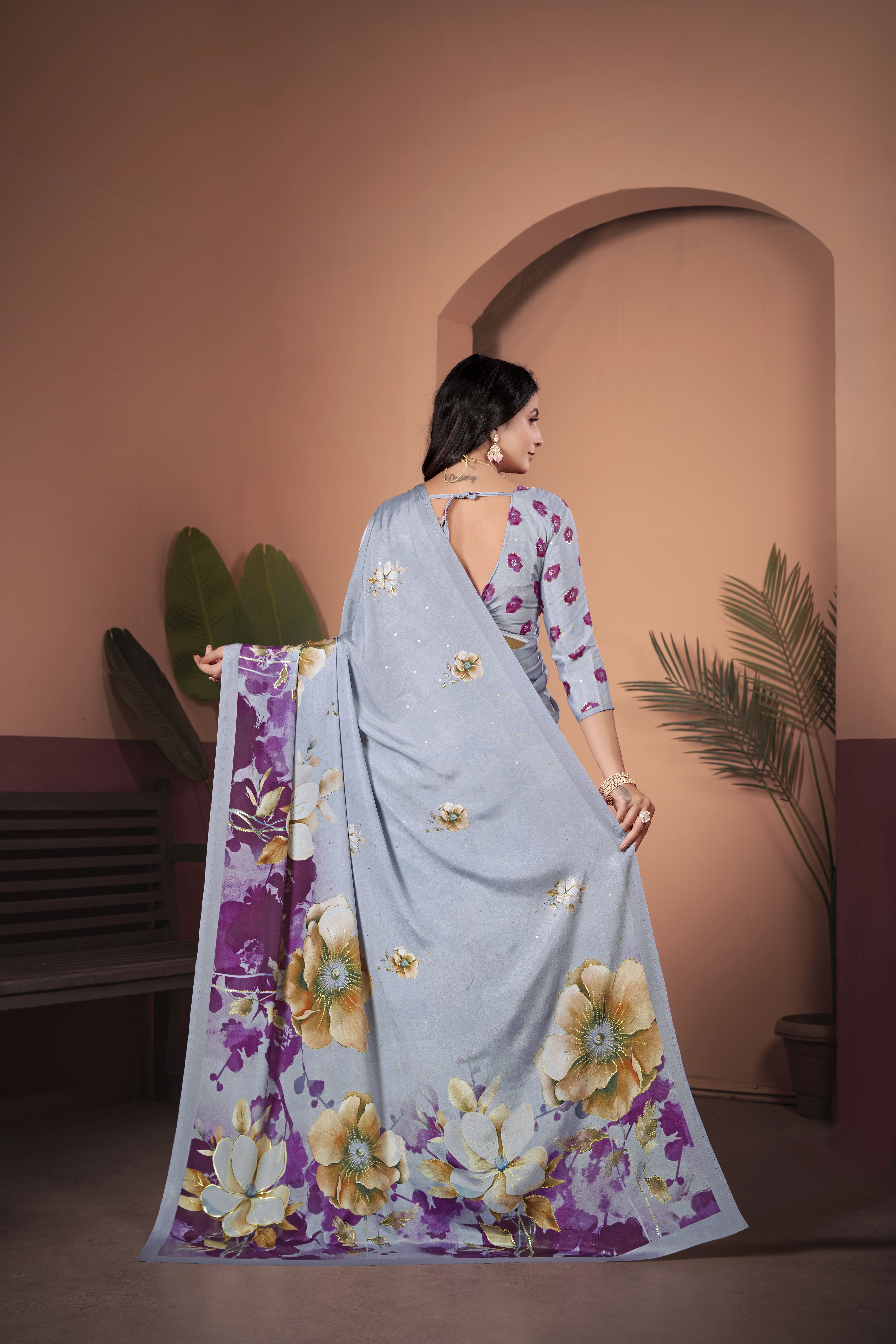 Elegant Grey Soft Crepe Silk Saree with Matching Blouse