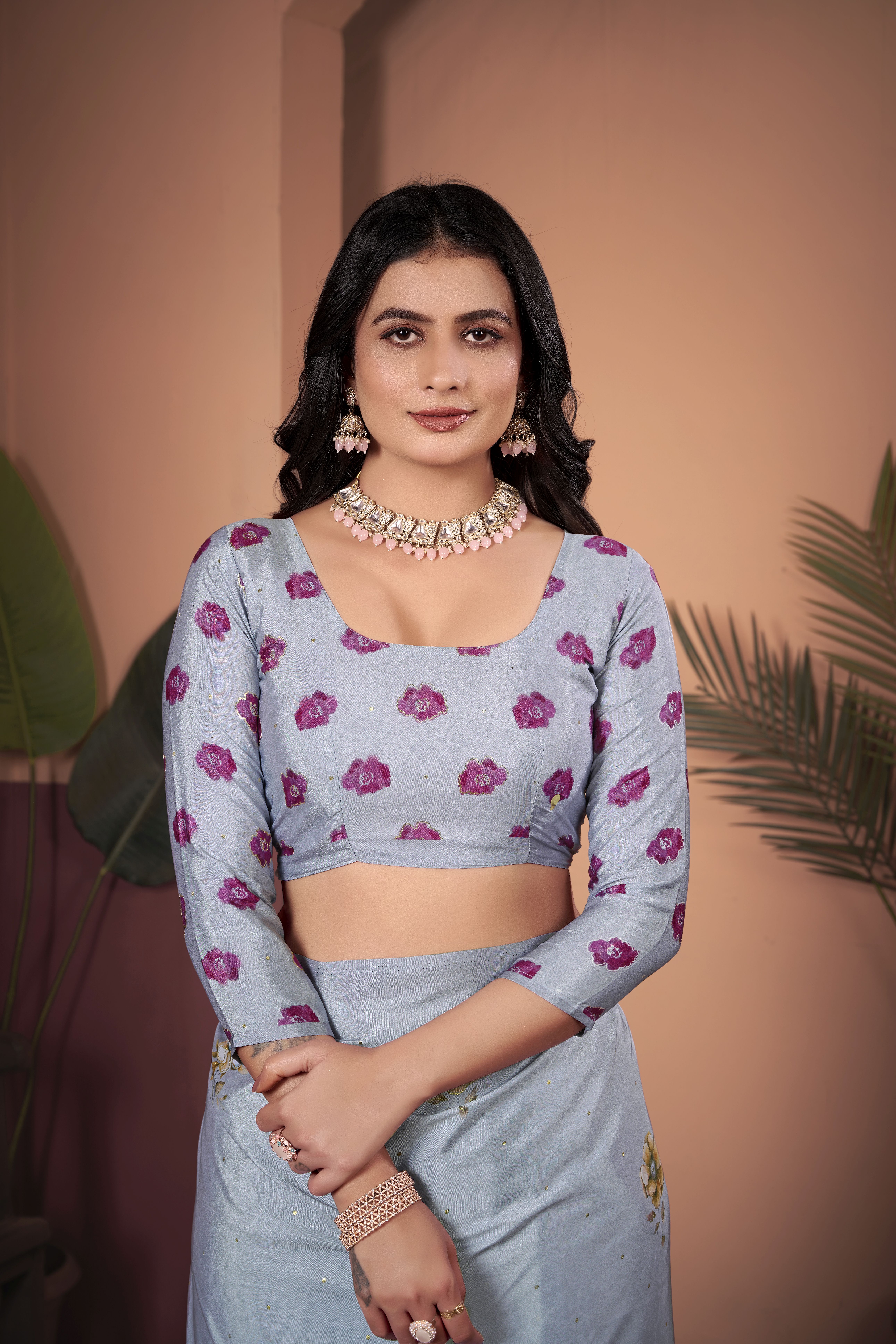 Elegant Grey Soft Crepe Silk Saree with Matching Blouse