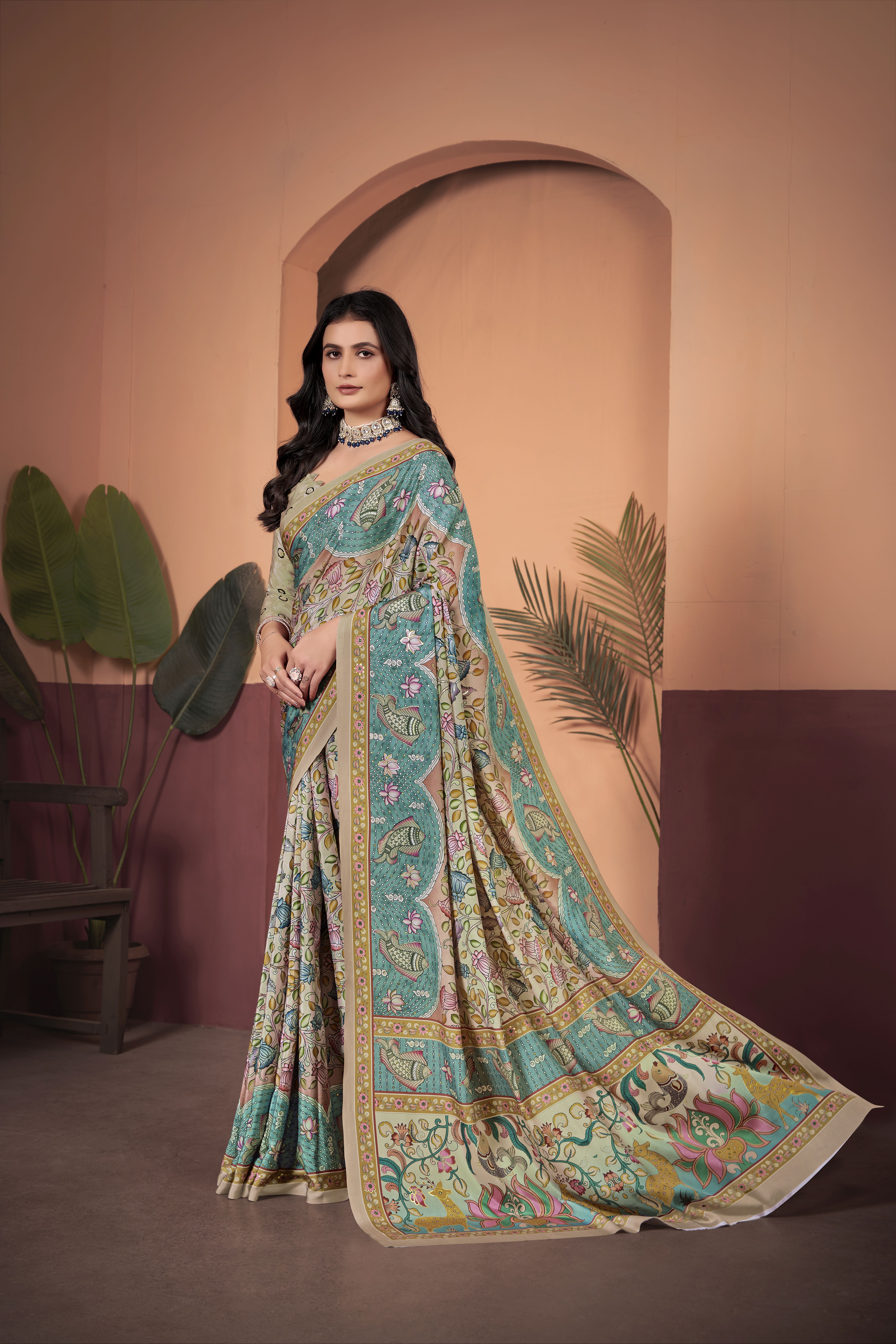 Graceful Green Soft Crepe Silk Saree with Contrasting Beige Blouse