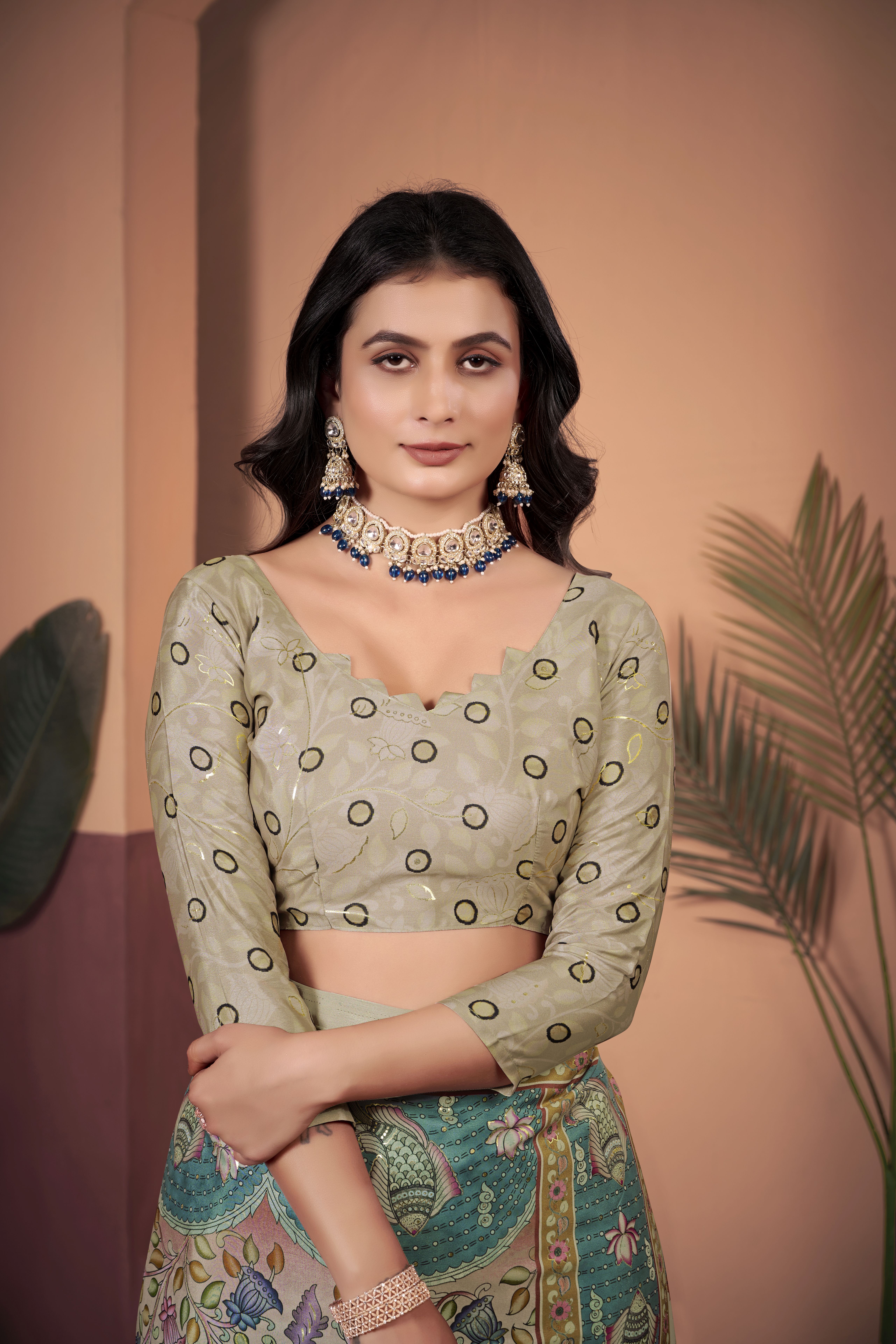 Graceful Green Soft Crepe Silk Saree with Contrasting Beige Blouse