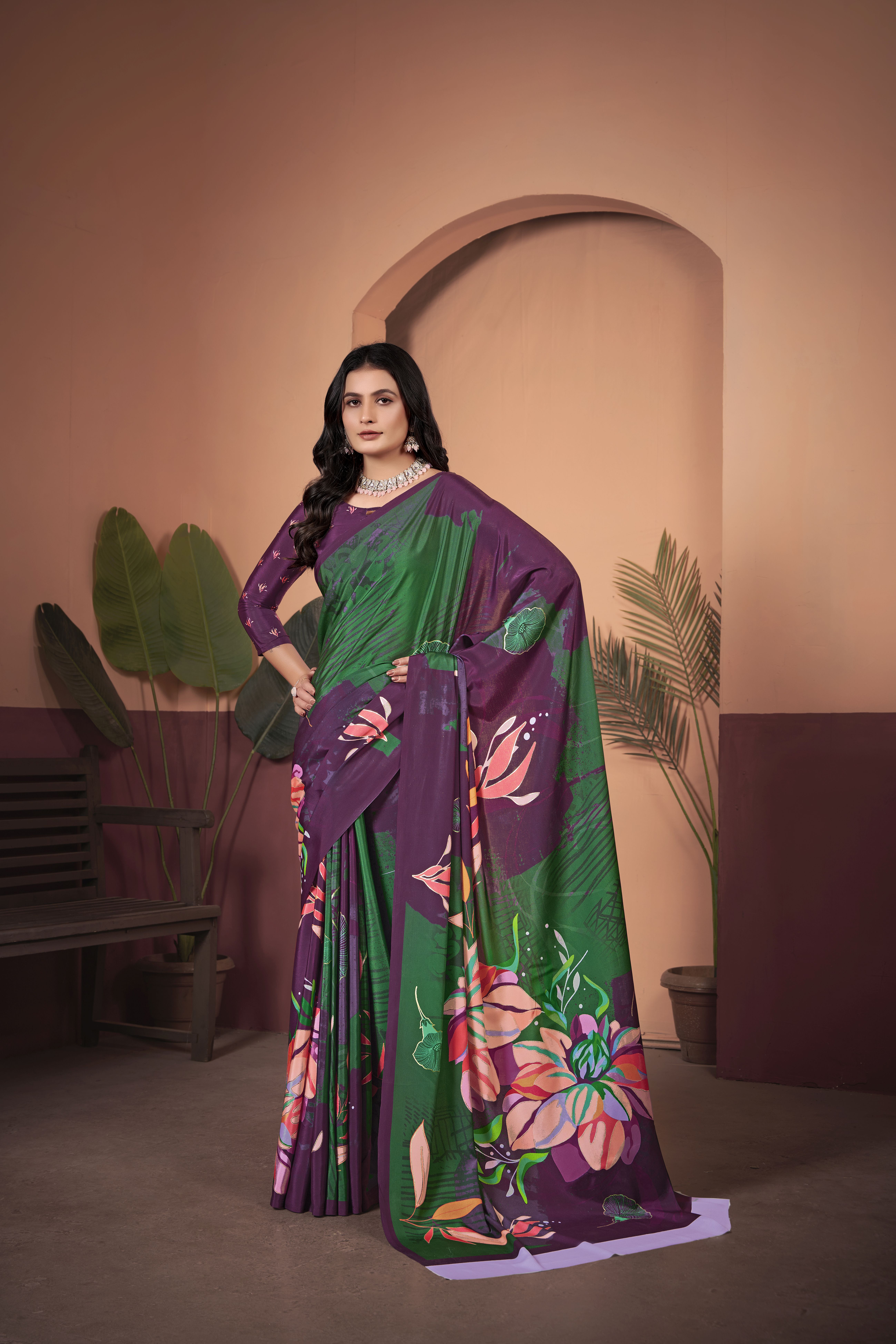 Regal Purple Soft Crepe Silk Saree with Matching Blouse