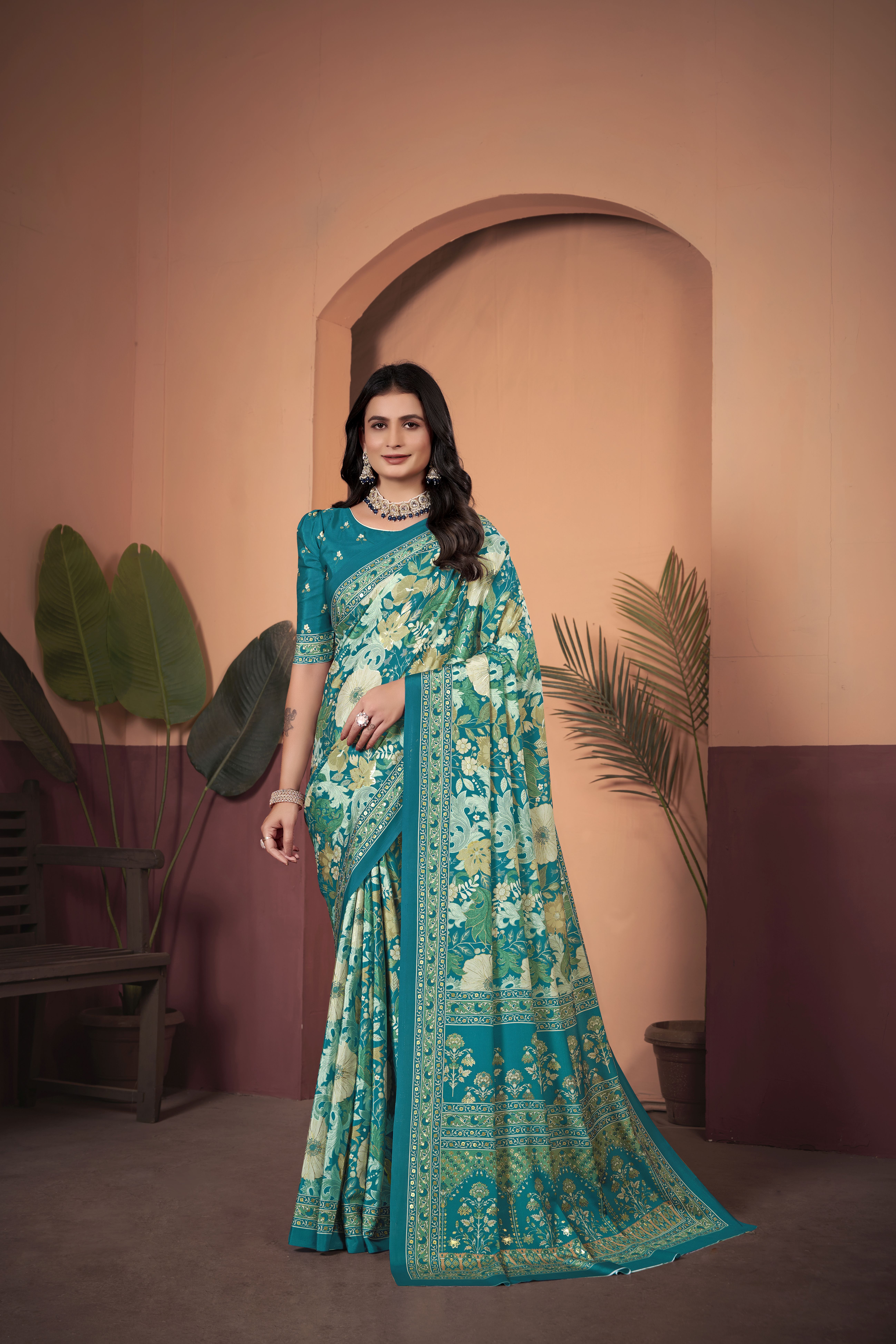 Serene Sea Green Soft Crepe Silk Saree with Matching Blouse