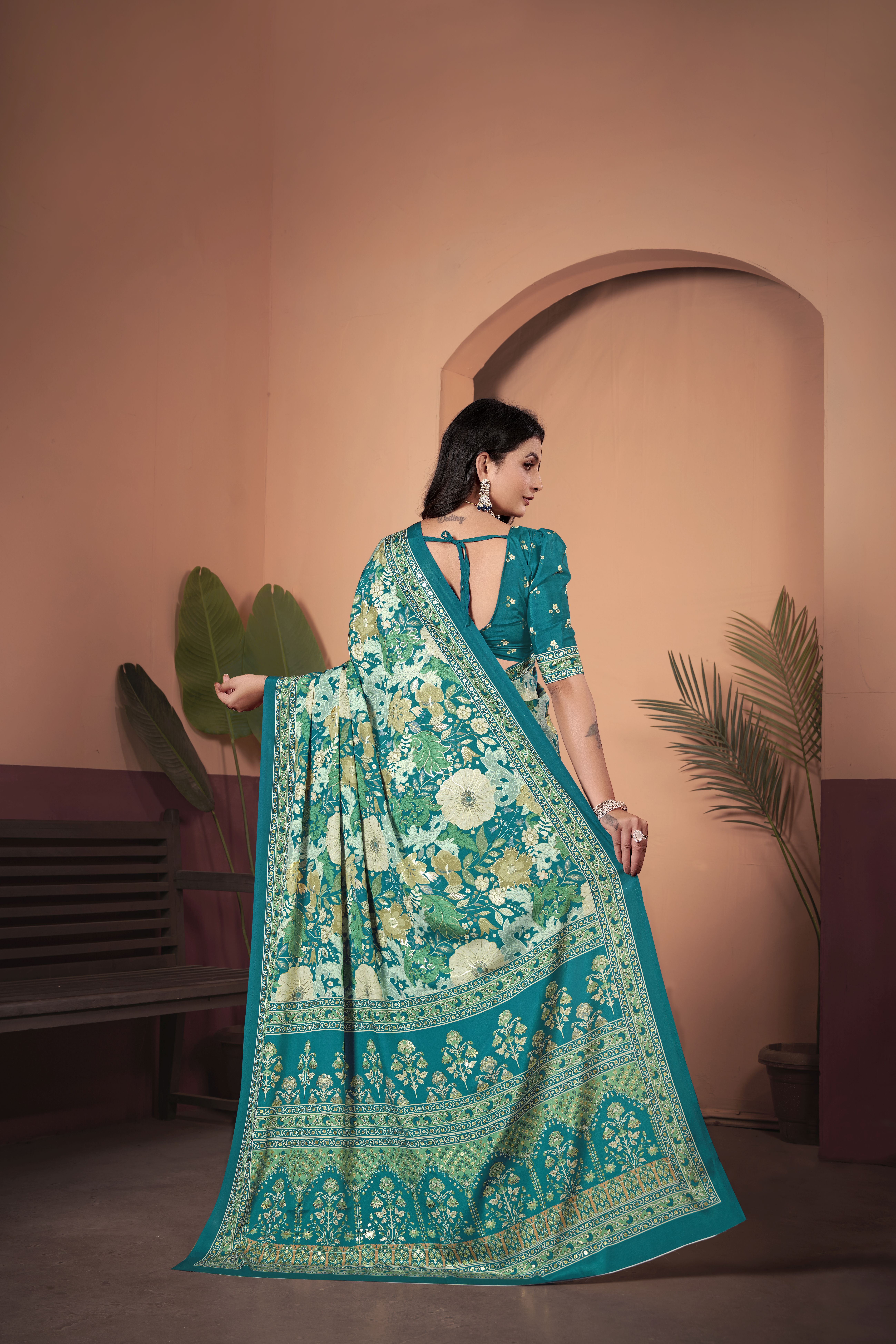 Serene Sea Green Soft Crepe Silk Saree with Matching Blouse
