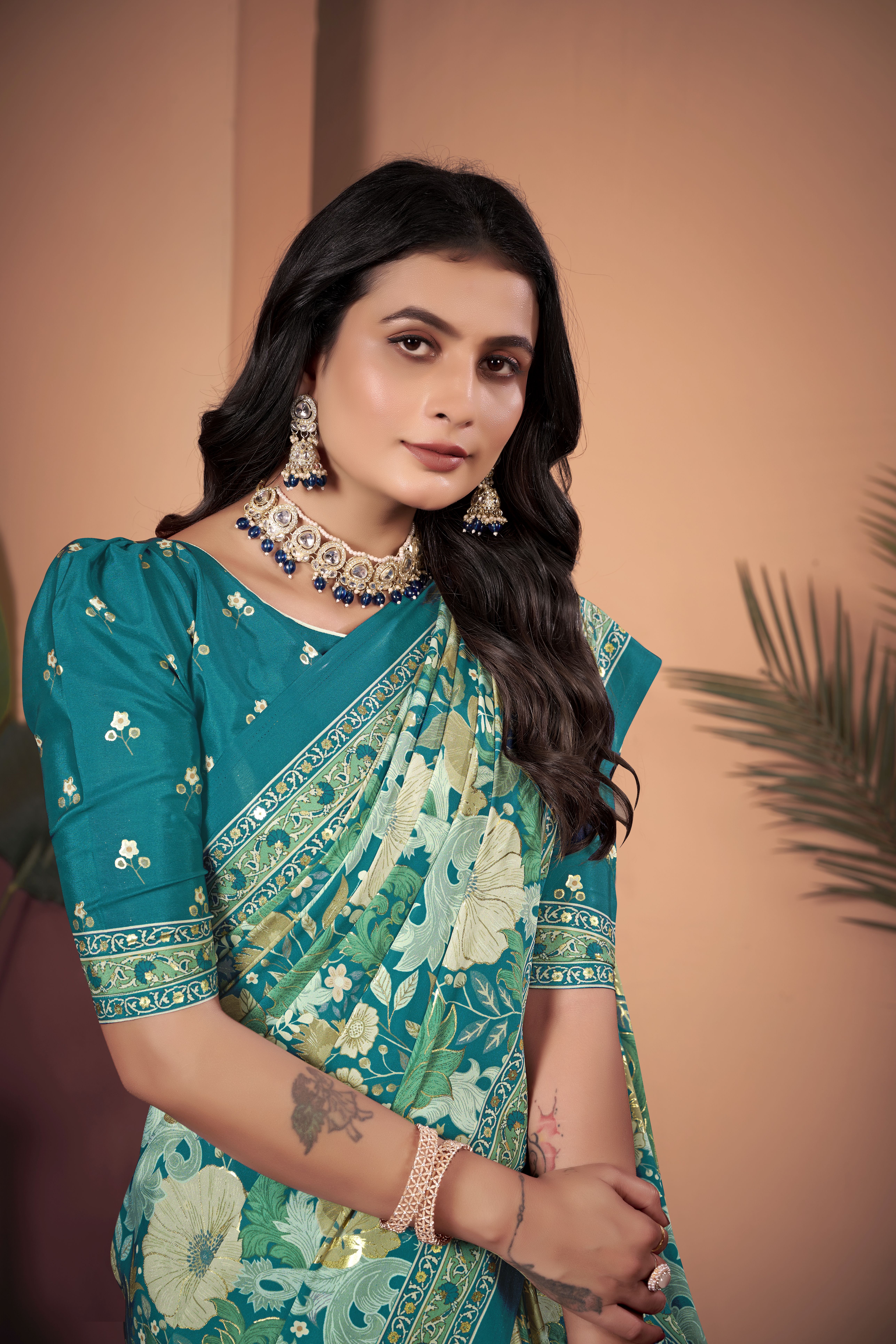 Serene Sea Green Soft Crepe Silk Saree with Matching Blouse