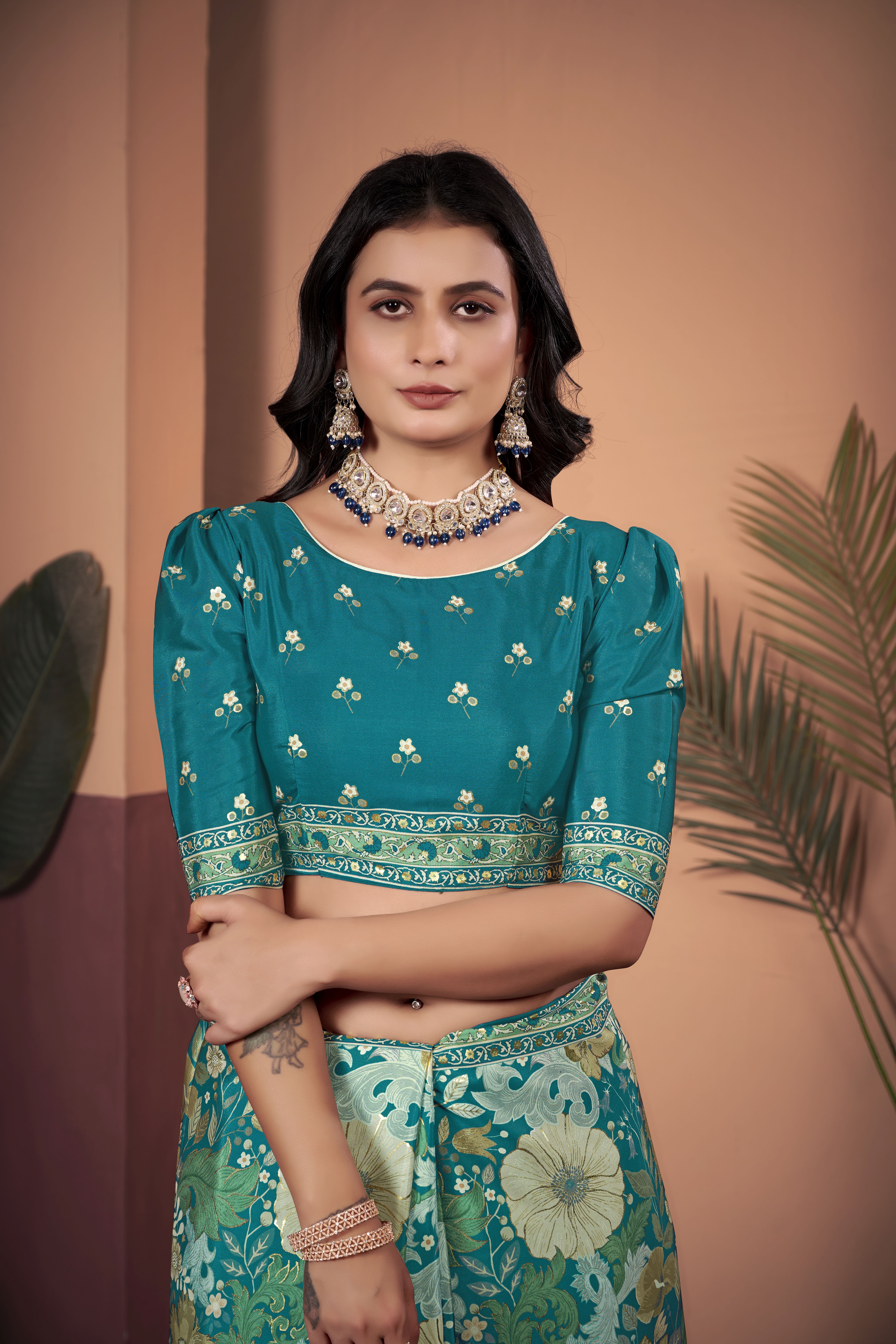 Serene Sea Green Soft Crepe Silk Saree with Matching Blouse