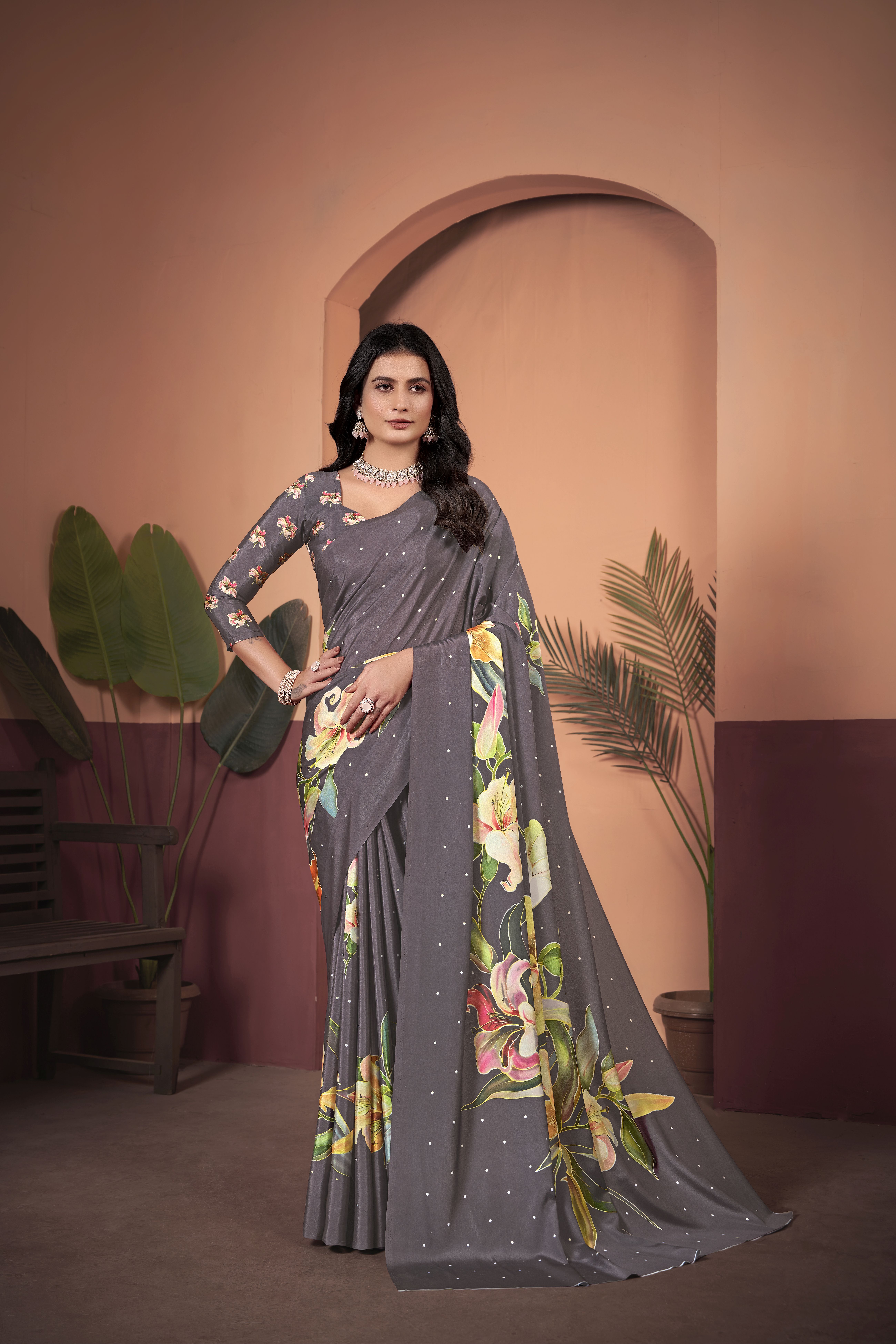 Sophisticated Grey-Shaded Soft Crepe Silk Saree with Matching Blouse