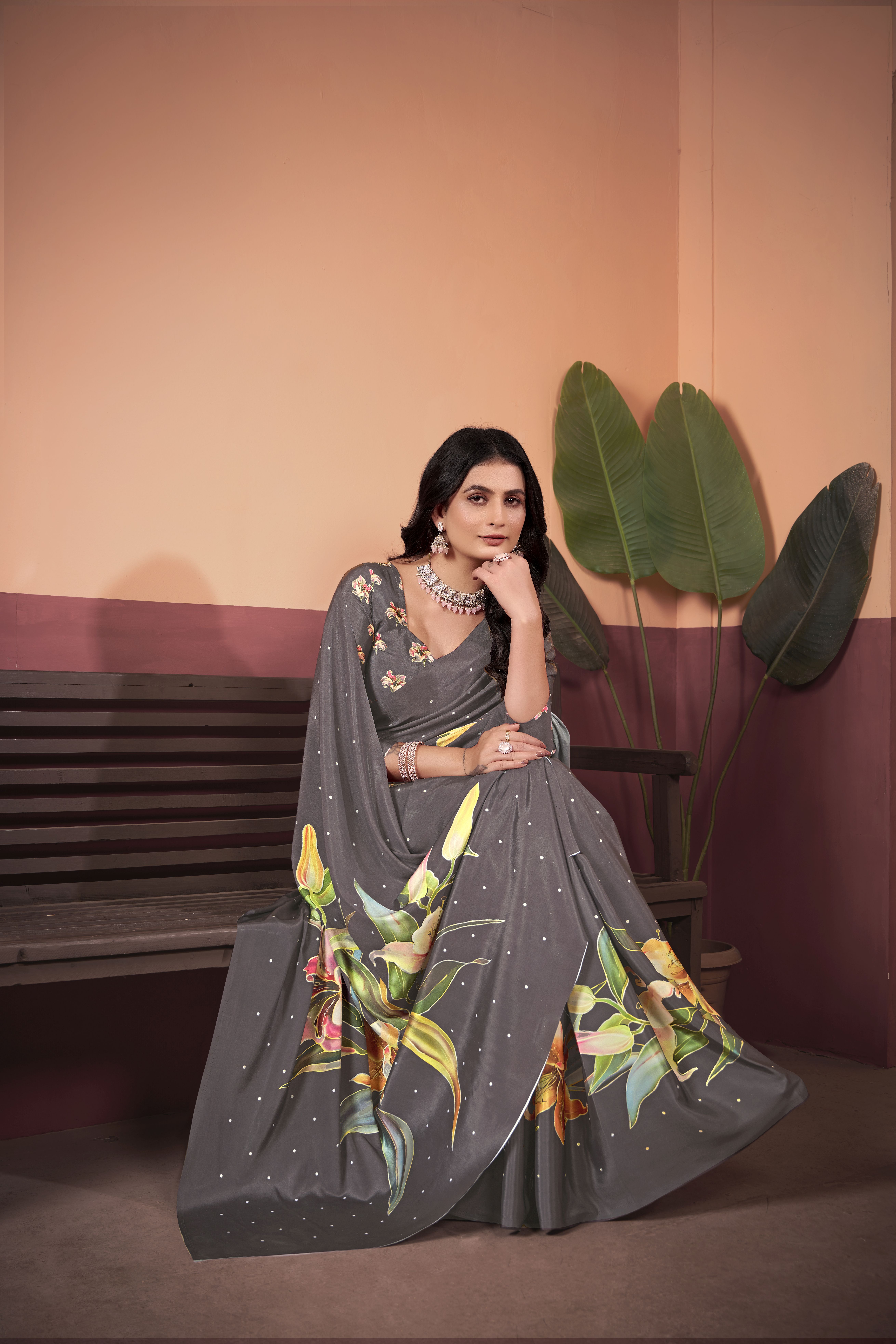 Sophisticated Grey-Shaded Soft Crepe Silk Saree with Matching Blouse