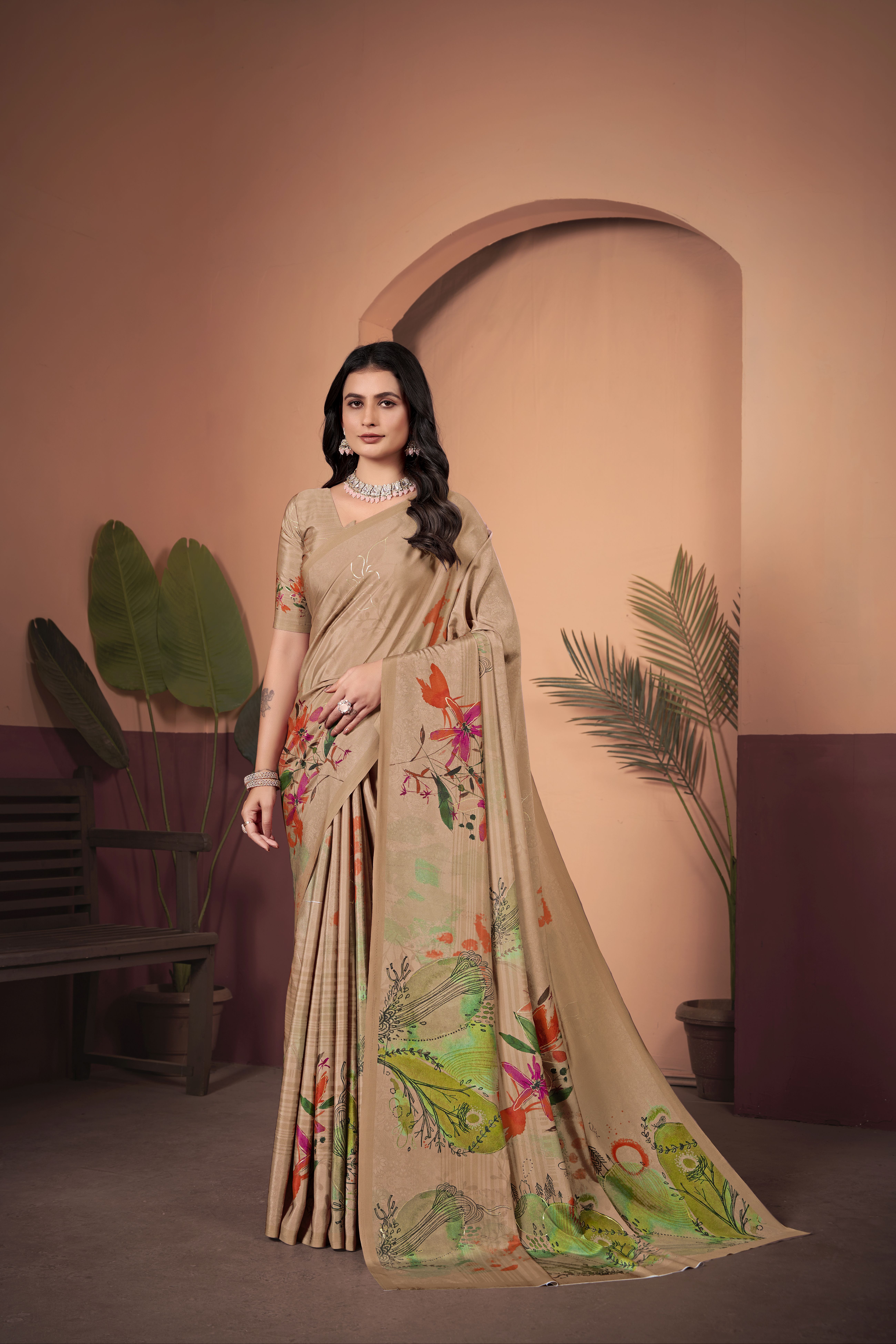 Timeless Beige Soft Crepe Silk Saree with Matching Blouse