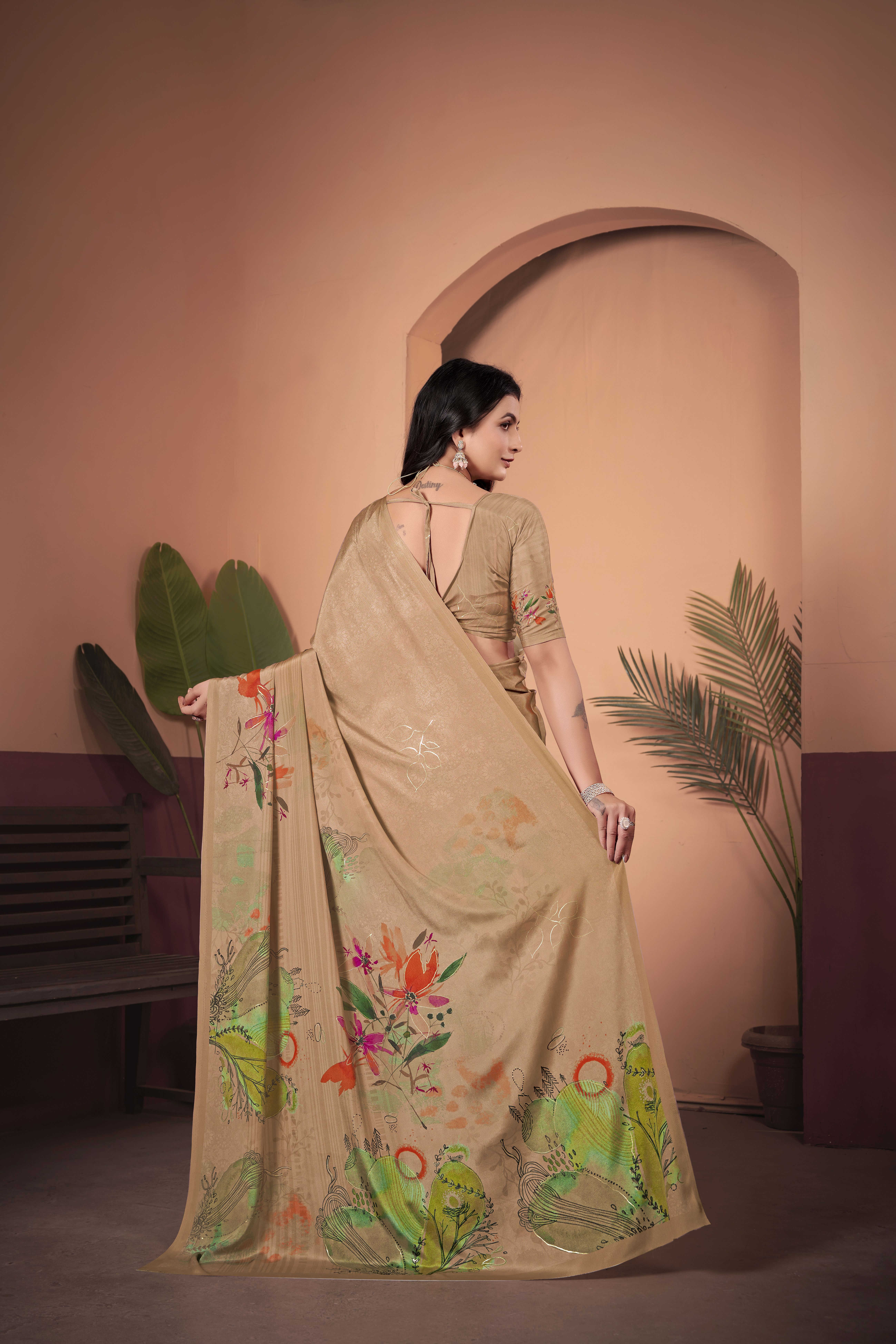 Timeless Beige Soft Crepe Silk Saree with Matching Blouse