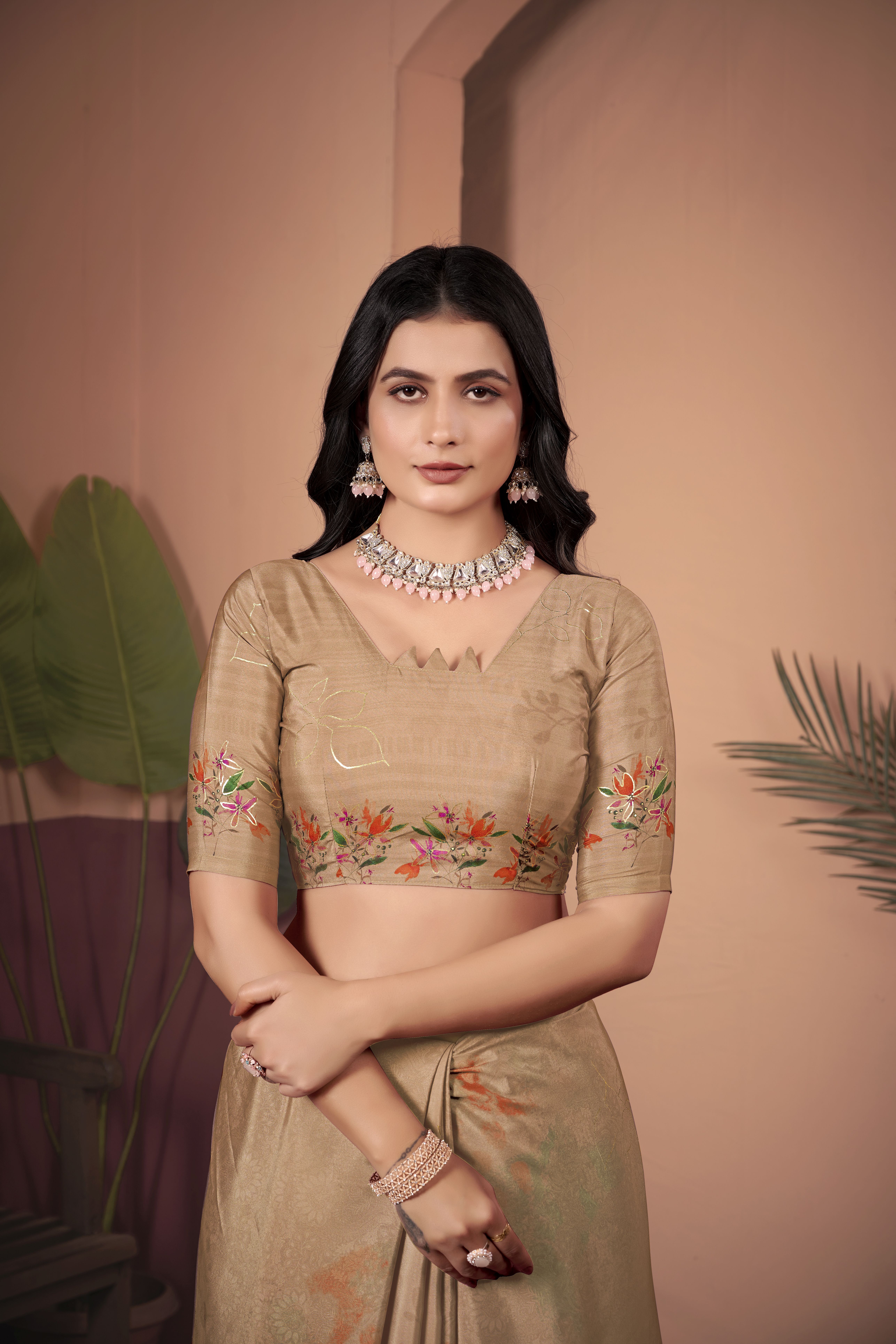 Timeless Beige Soft Crepe Silk Saree with Matching Blouse