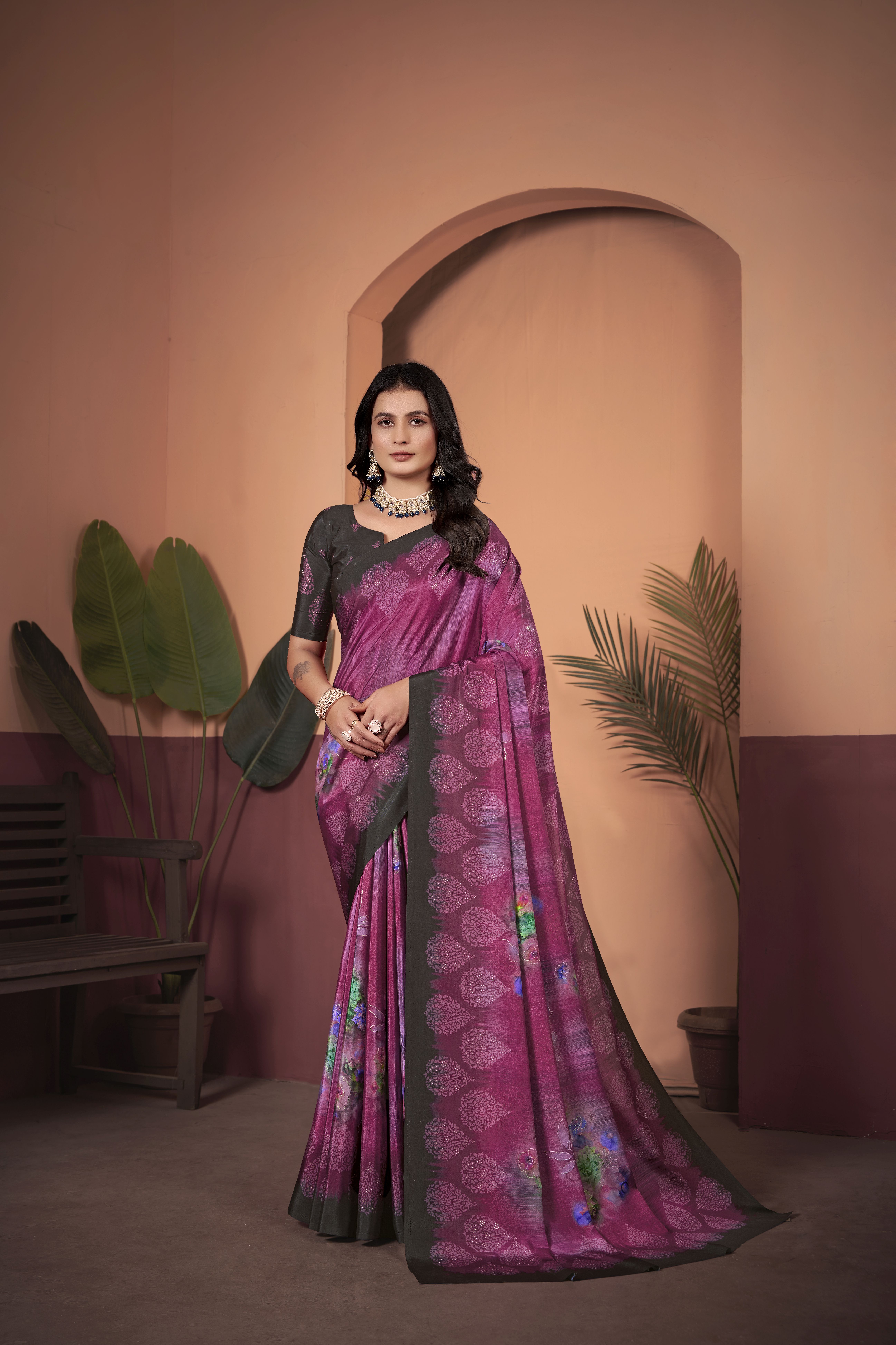 Majestic Purple Soft Crepe Silk Saree with Contrasting Brown Blouse