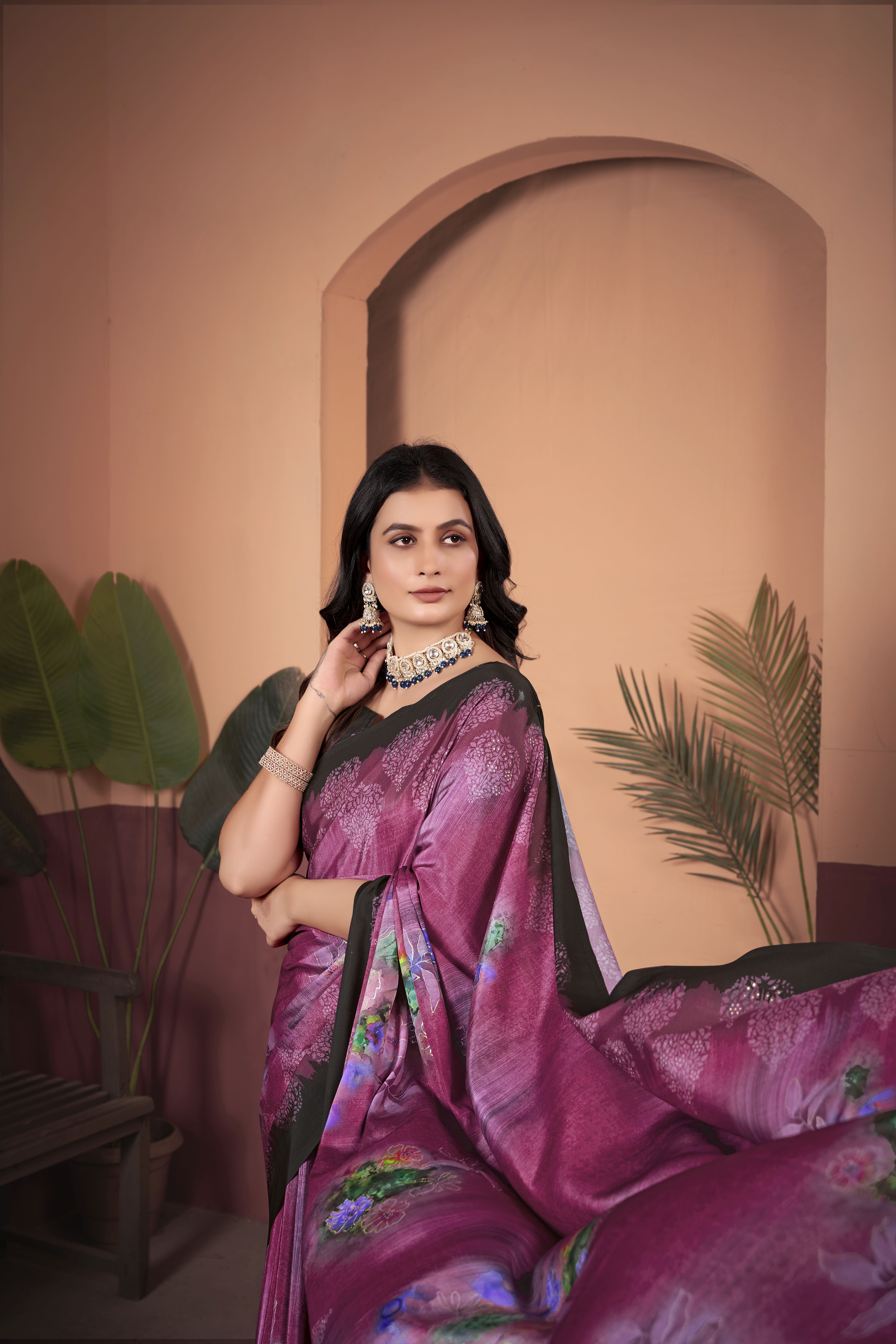 Majestic Purple Soft Crepe Silk Saree with Contrasting Brown Blouse