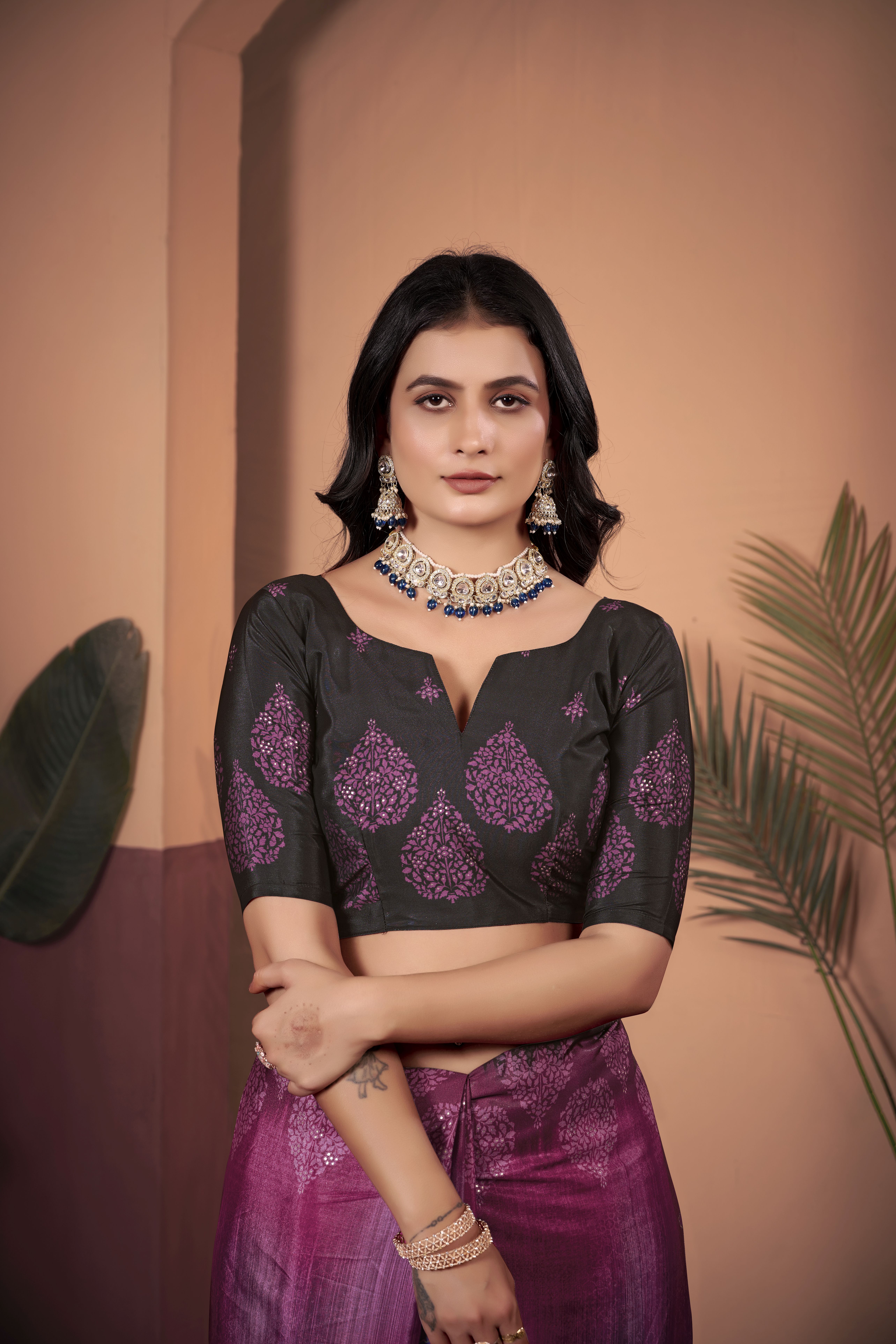 Majestic Purple Soft Crepe Silk Saree with Contrasting Brown Blouse