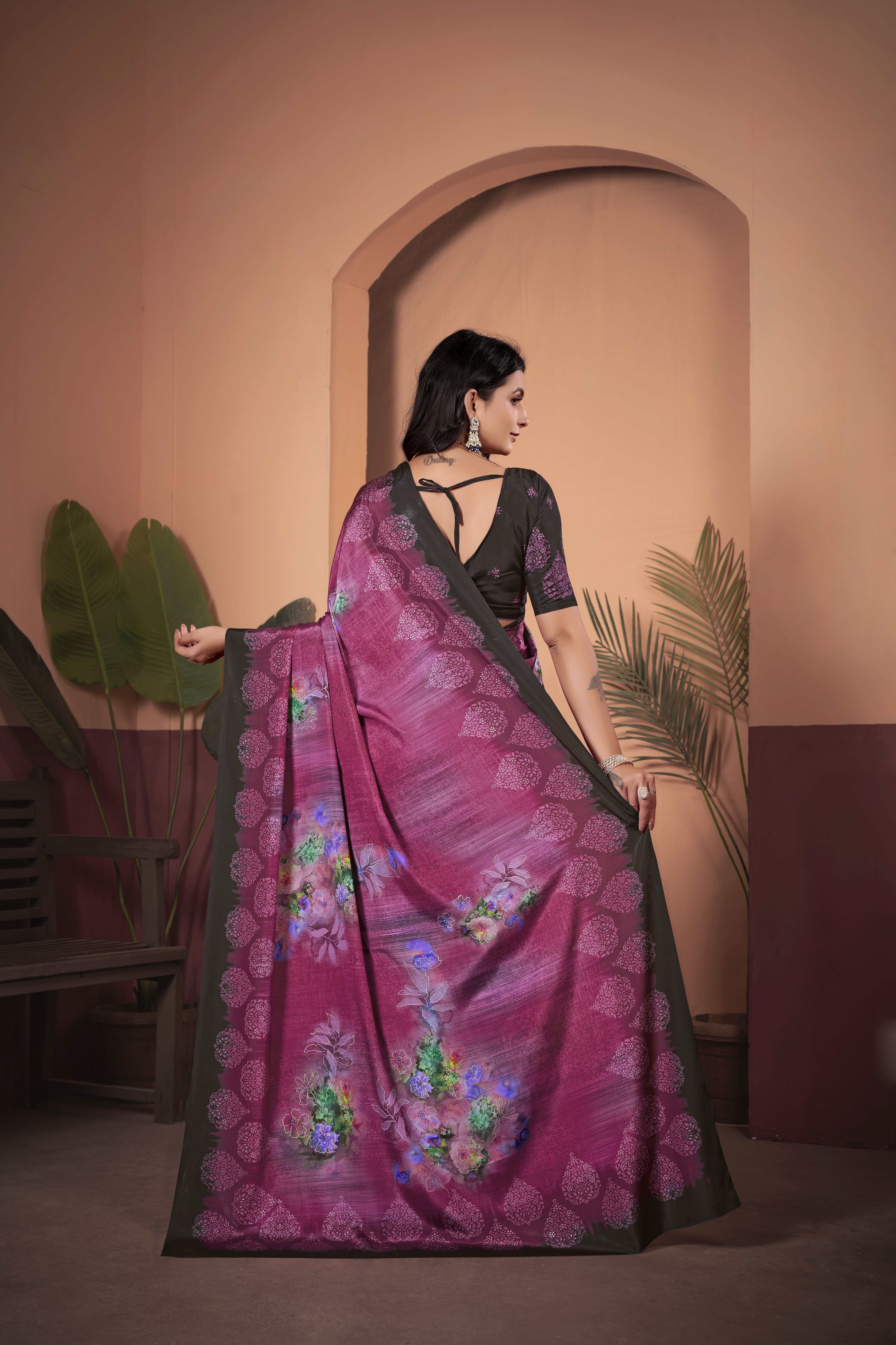 Majestic Purple Soft Crepe Silk Saree with Contrasting Brown Blouse