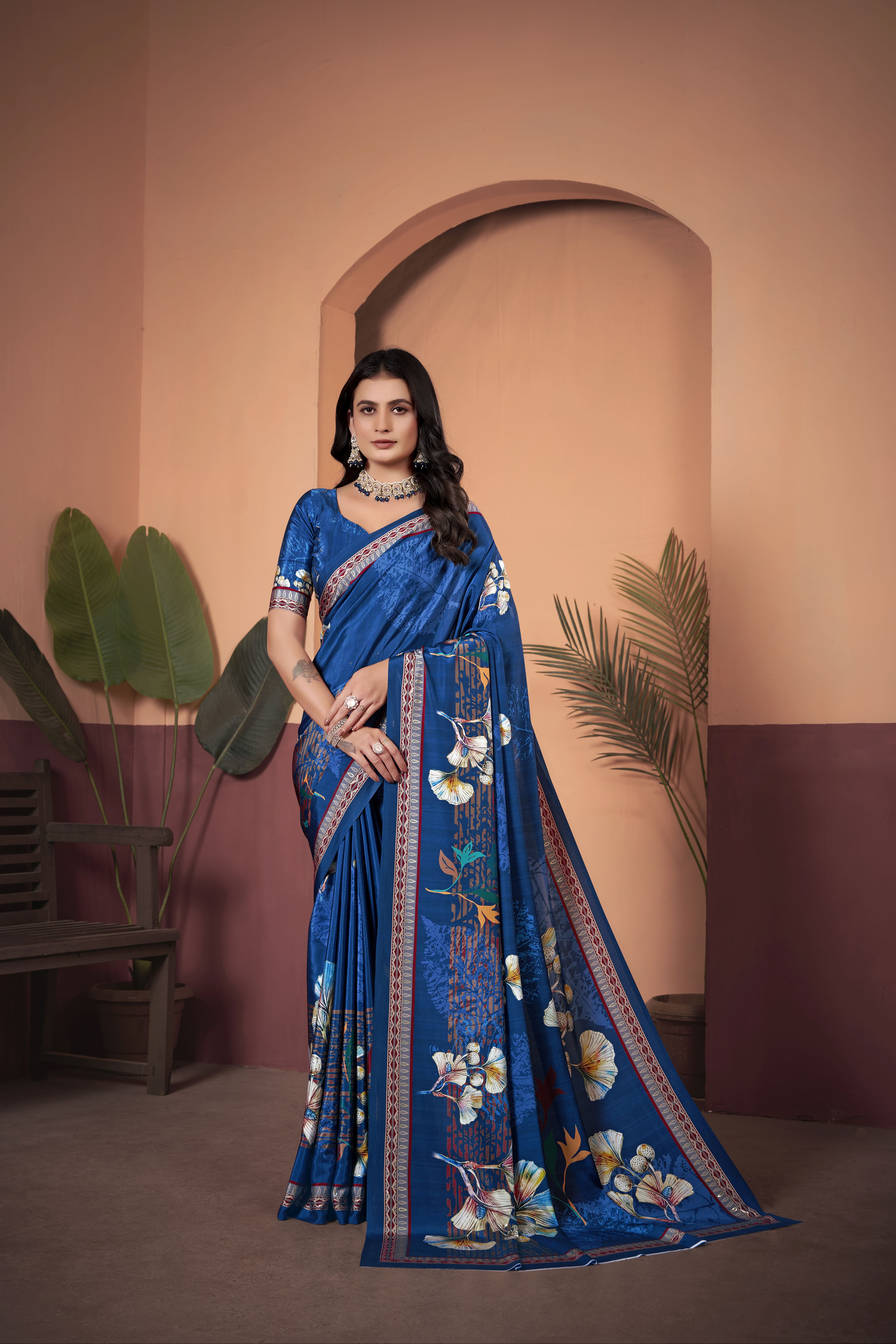 Royal Blue Soft Crepe Silk Saree with Matching Blouse