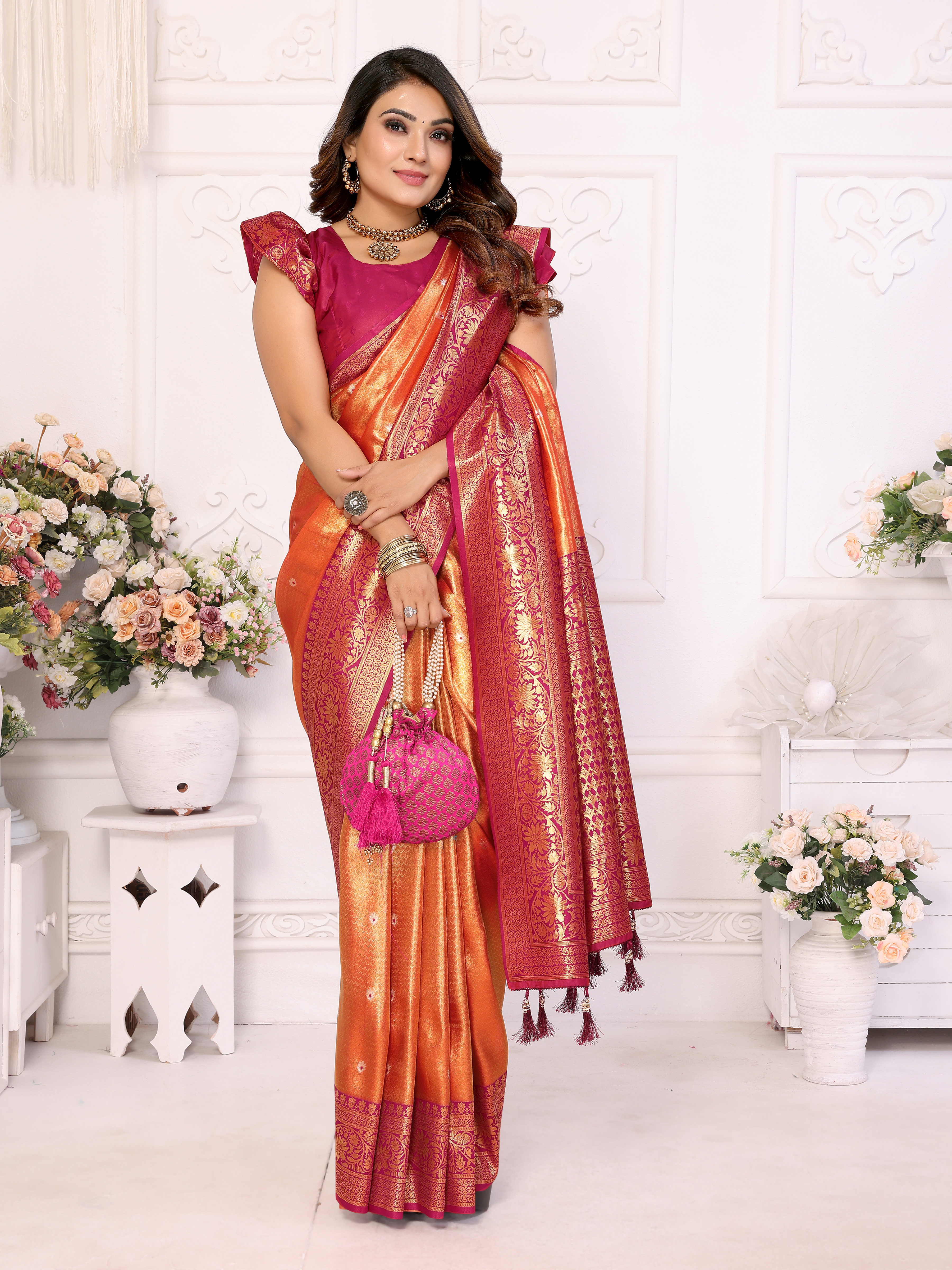 Exquisite Orange Banarasi Tissue Saree with Heavy Zari & Maroon Blouse