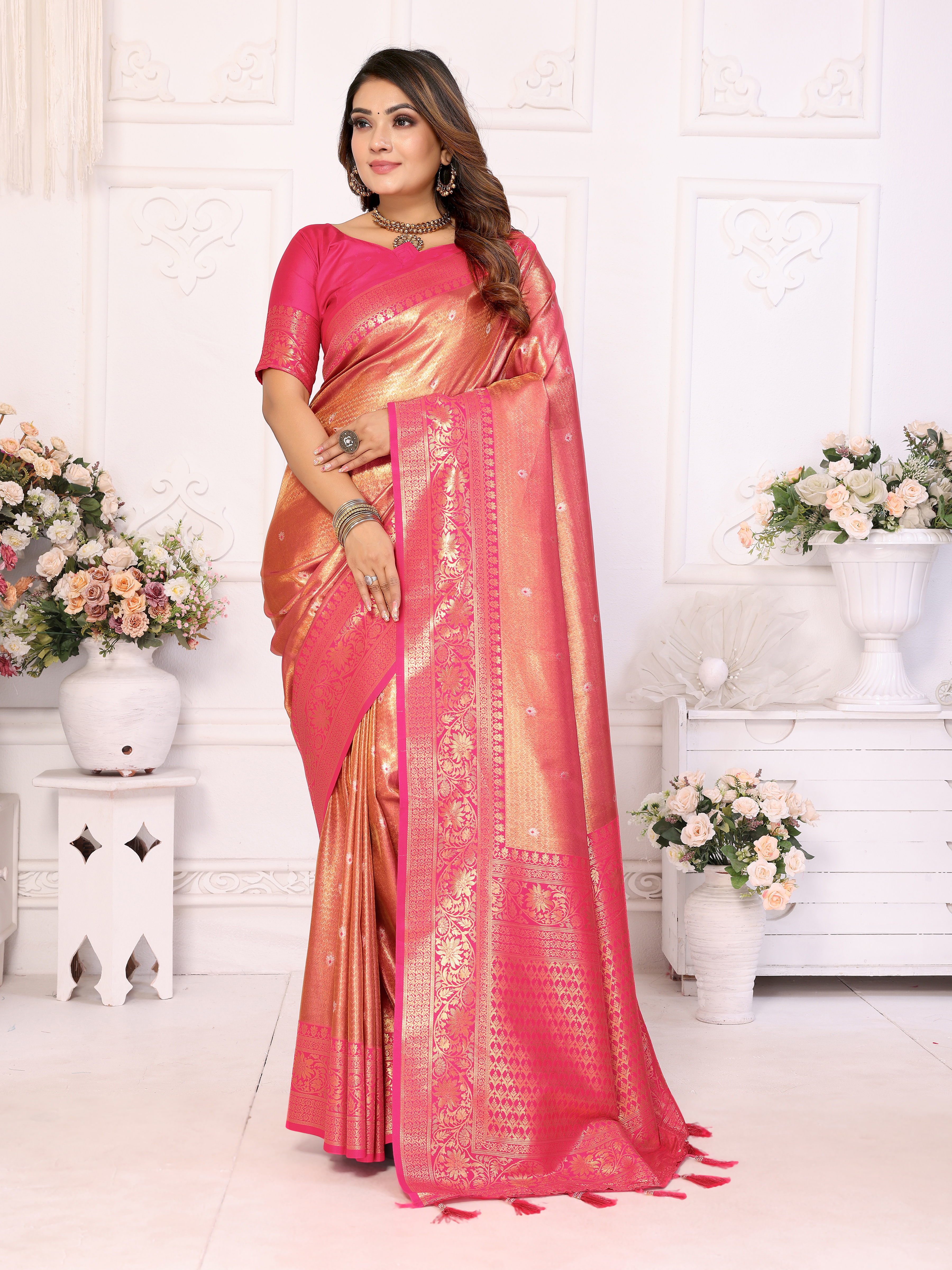 Graceful Pink Banarasi Tissue Saree with Heavy Zari & Contrasting Blouse