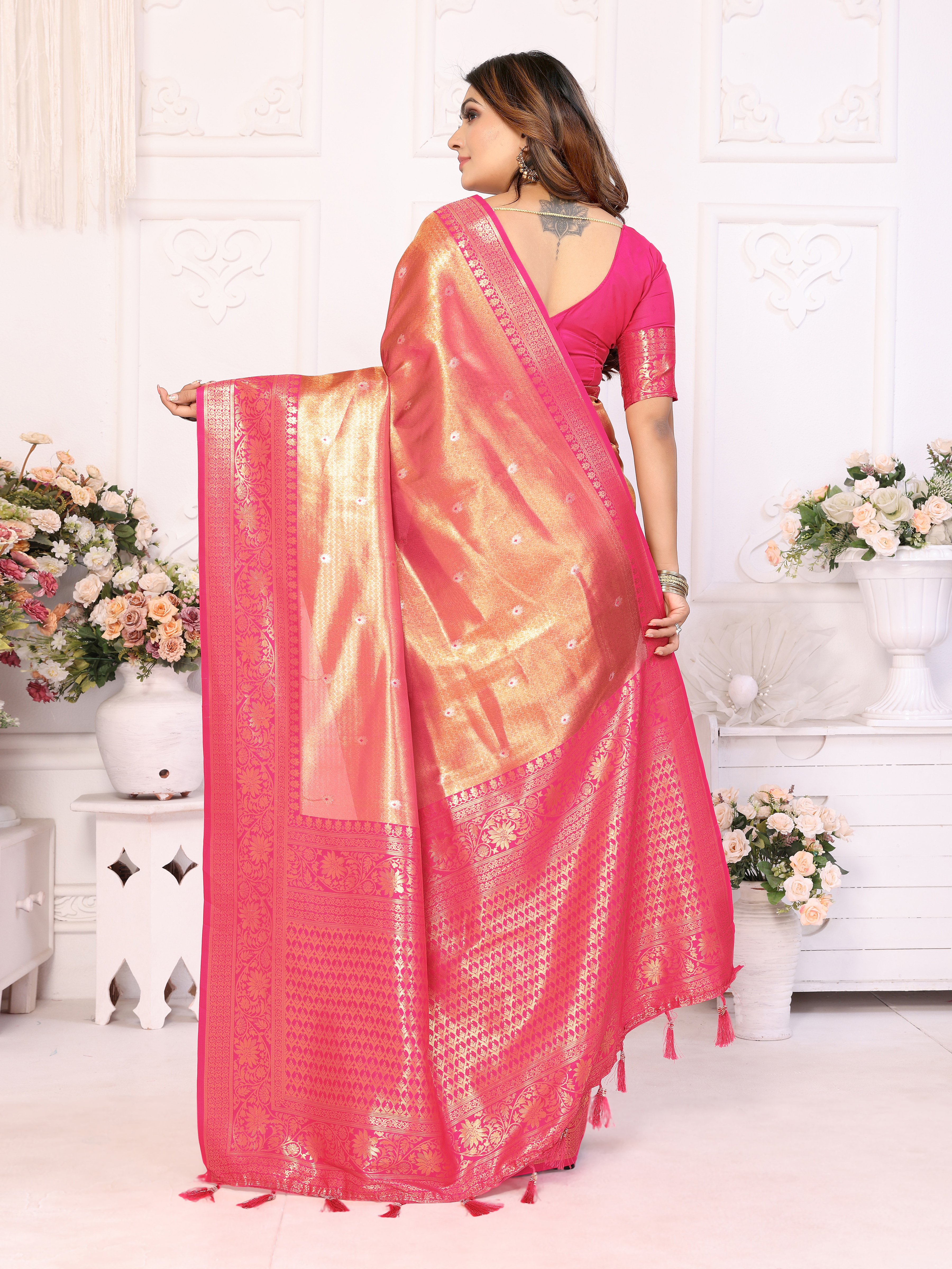 Graceful Pink Banarasi Tissue Saree with Heavy Zari & Contrasting Blouse