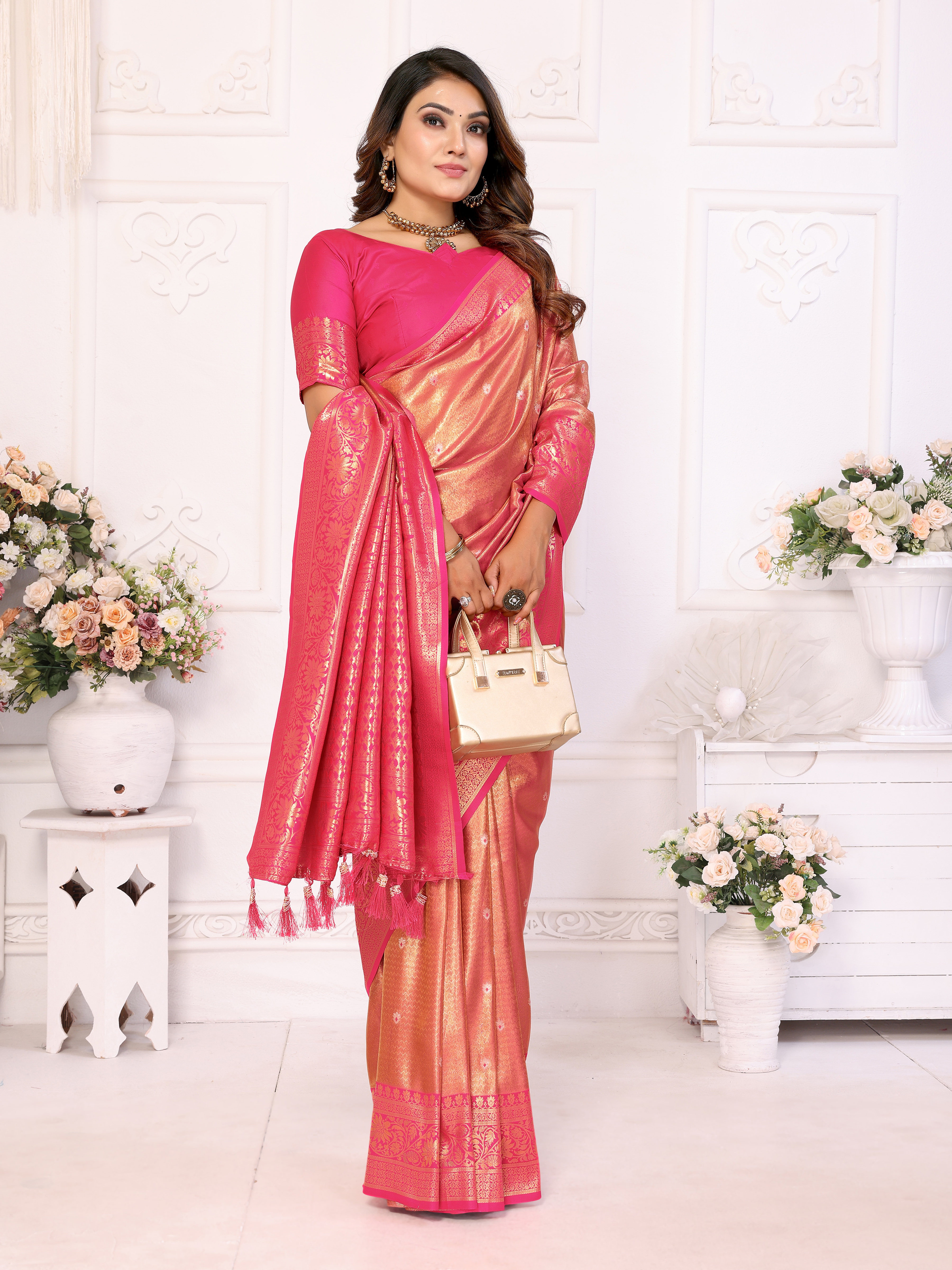 Graceful Pink Banarasi Tissue Saree with Heavy Zari & Contrasting Blouse