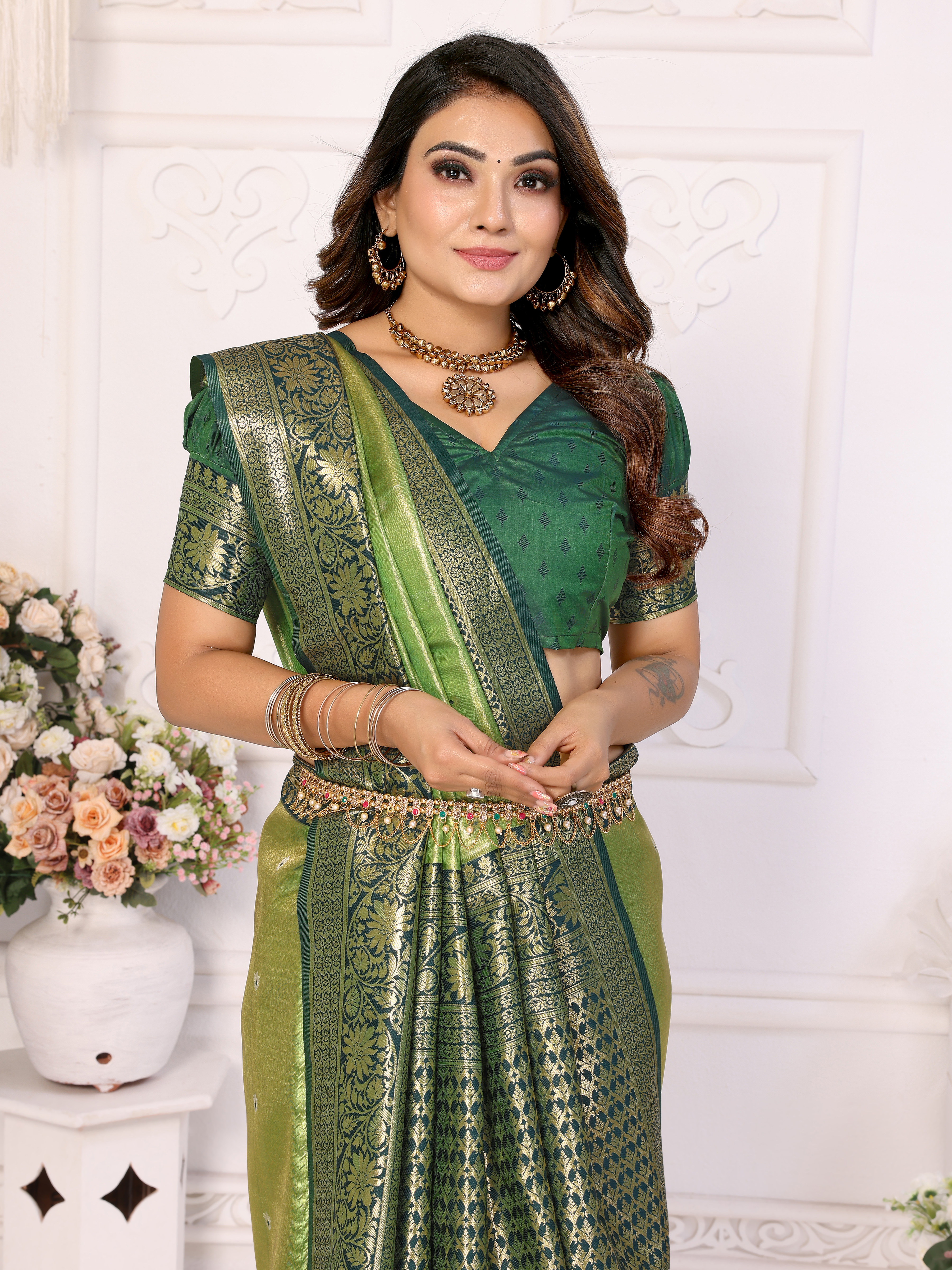 Regal Green Banarasi Tissue Saree with Heavy Zari & Matching Blouse