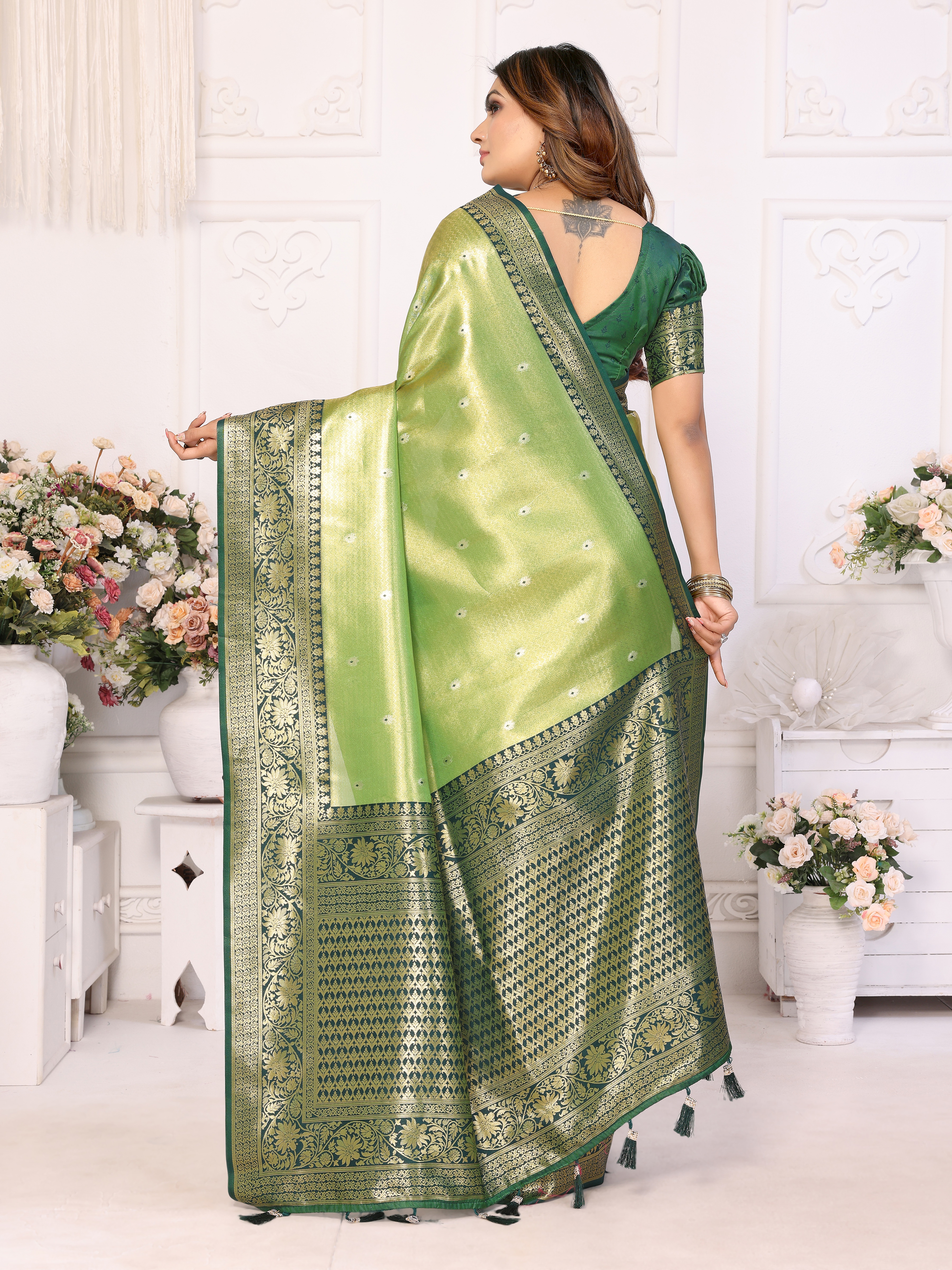 Regal Green Banarasi Tissue Saree with Heavy Zari & Matching Blouse