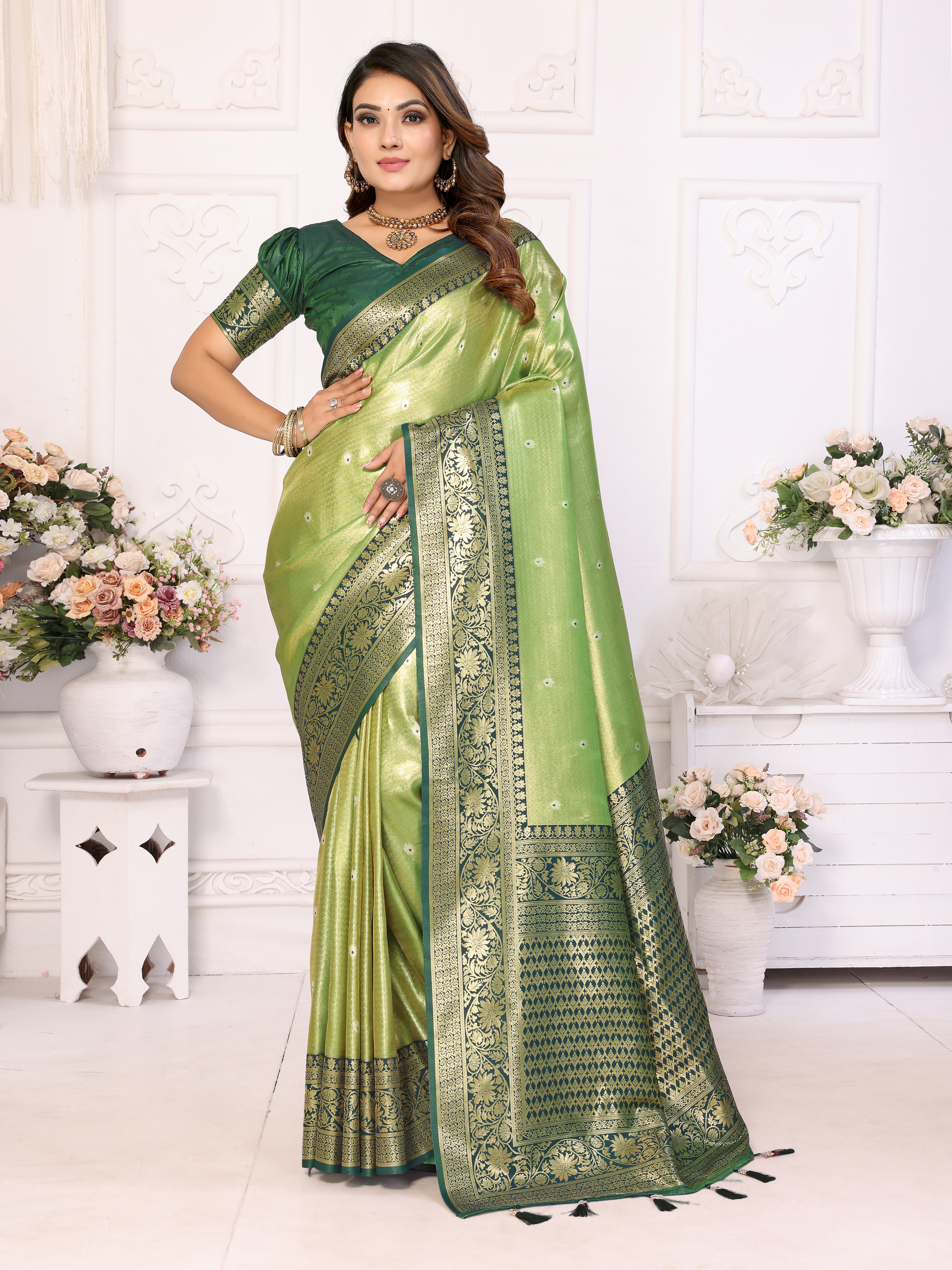 Regal Green Banarasi Tissue Saree with Heavy Zari & Matching Blouse