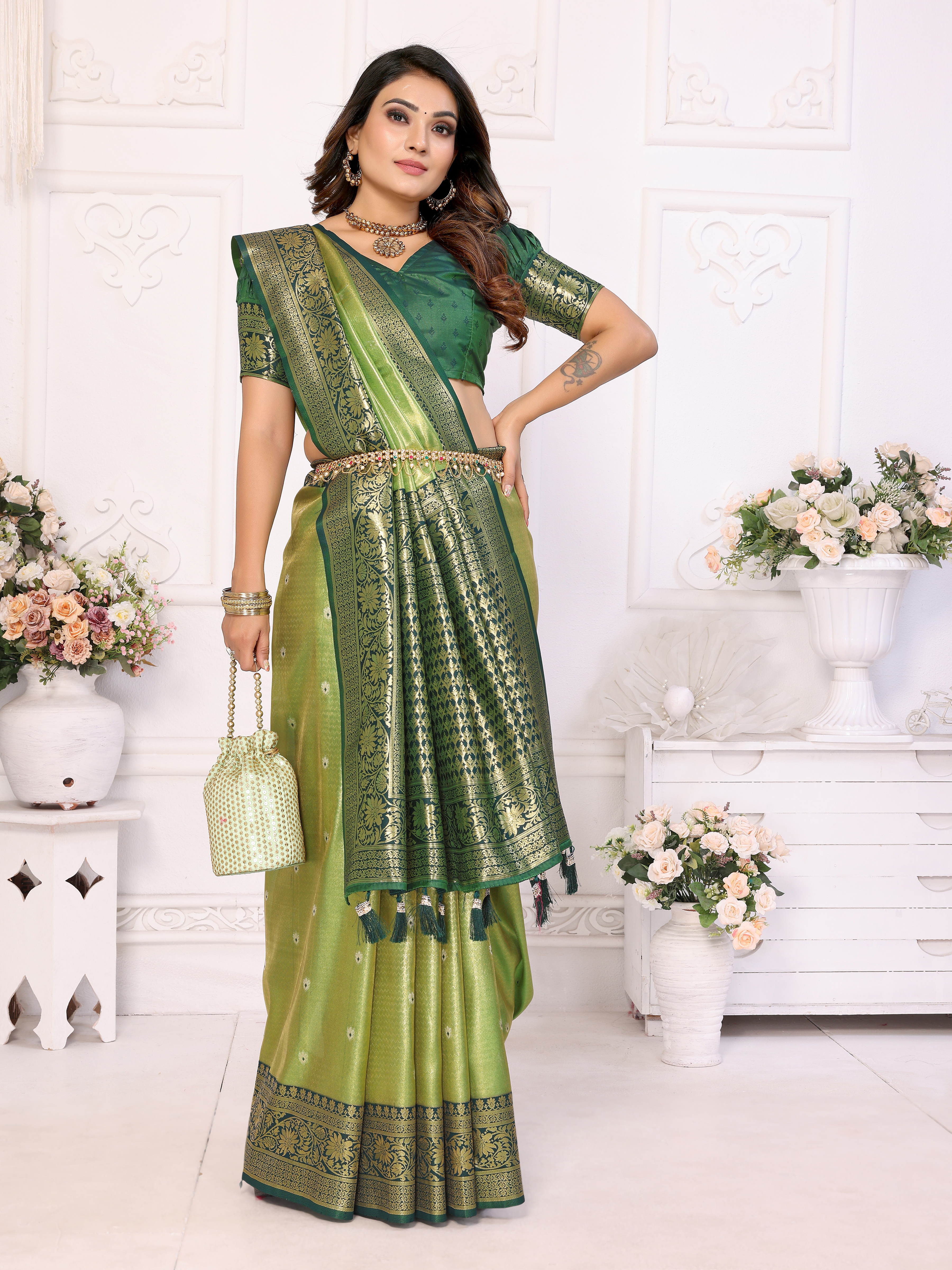 Regal Green Banarasi Tissue Saree with Heavy Zari & Matching Blouse