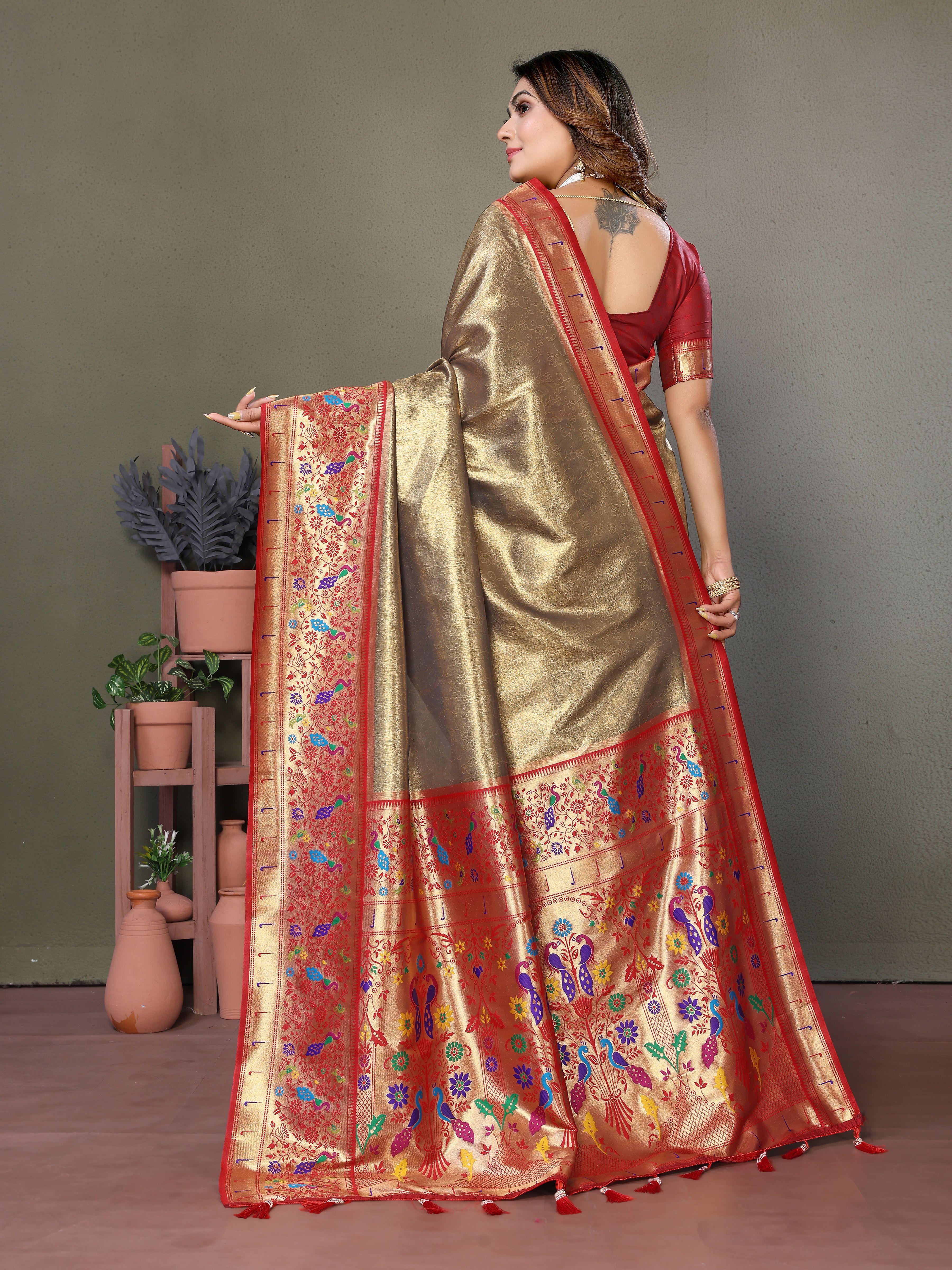 Exquisite Brown Silk Saree with Traditional Paithani Work & Burgundy Blouse.