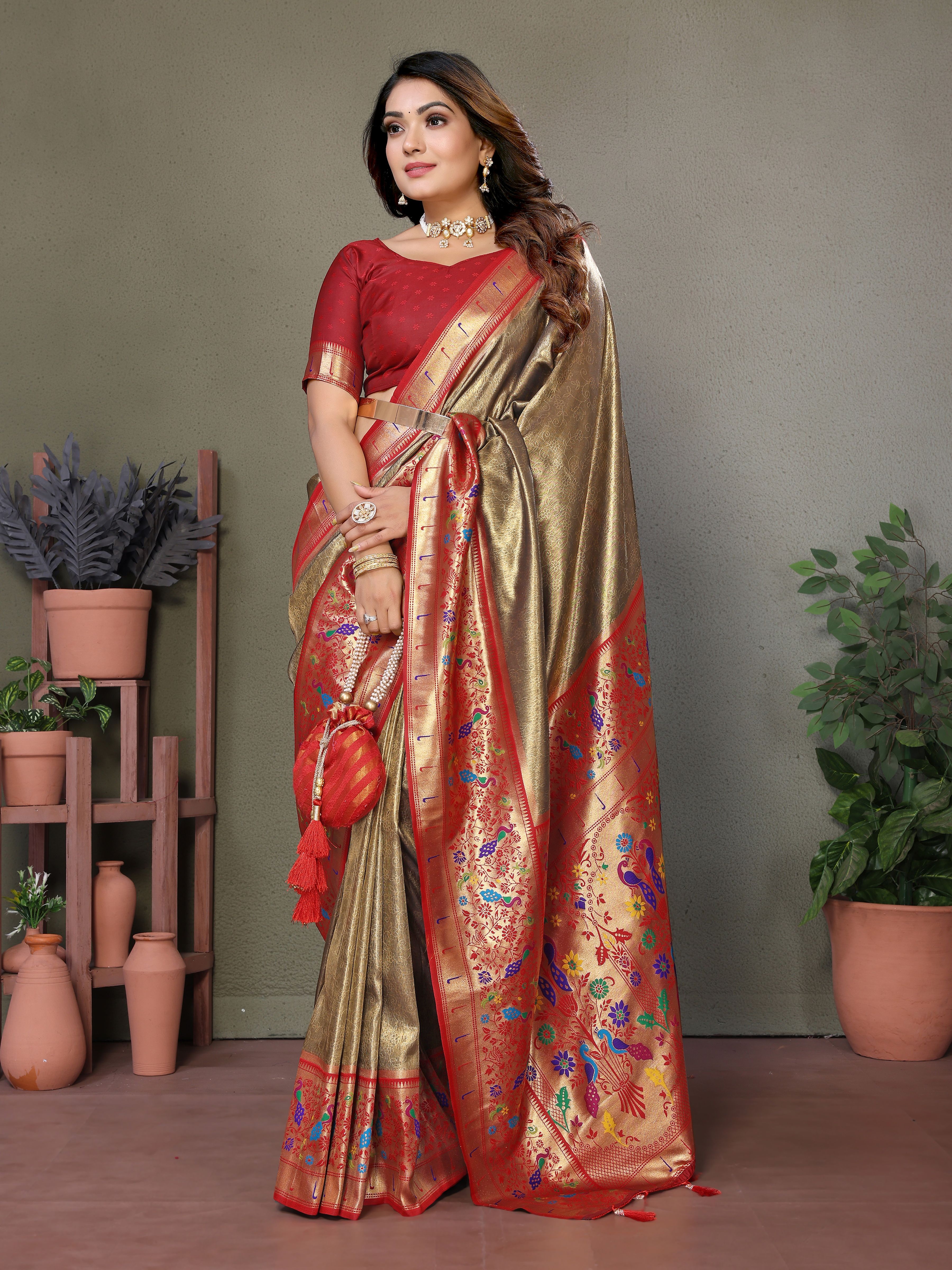 Exquisite Brown Silk Saree with Traditional Paithani Work & Burgundy Blouse.