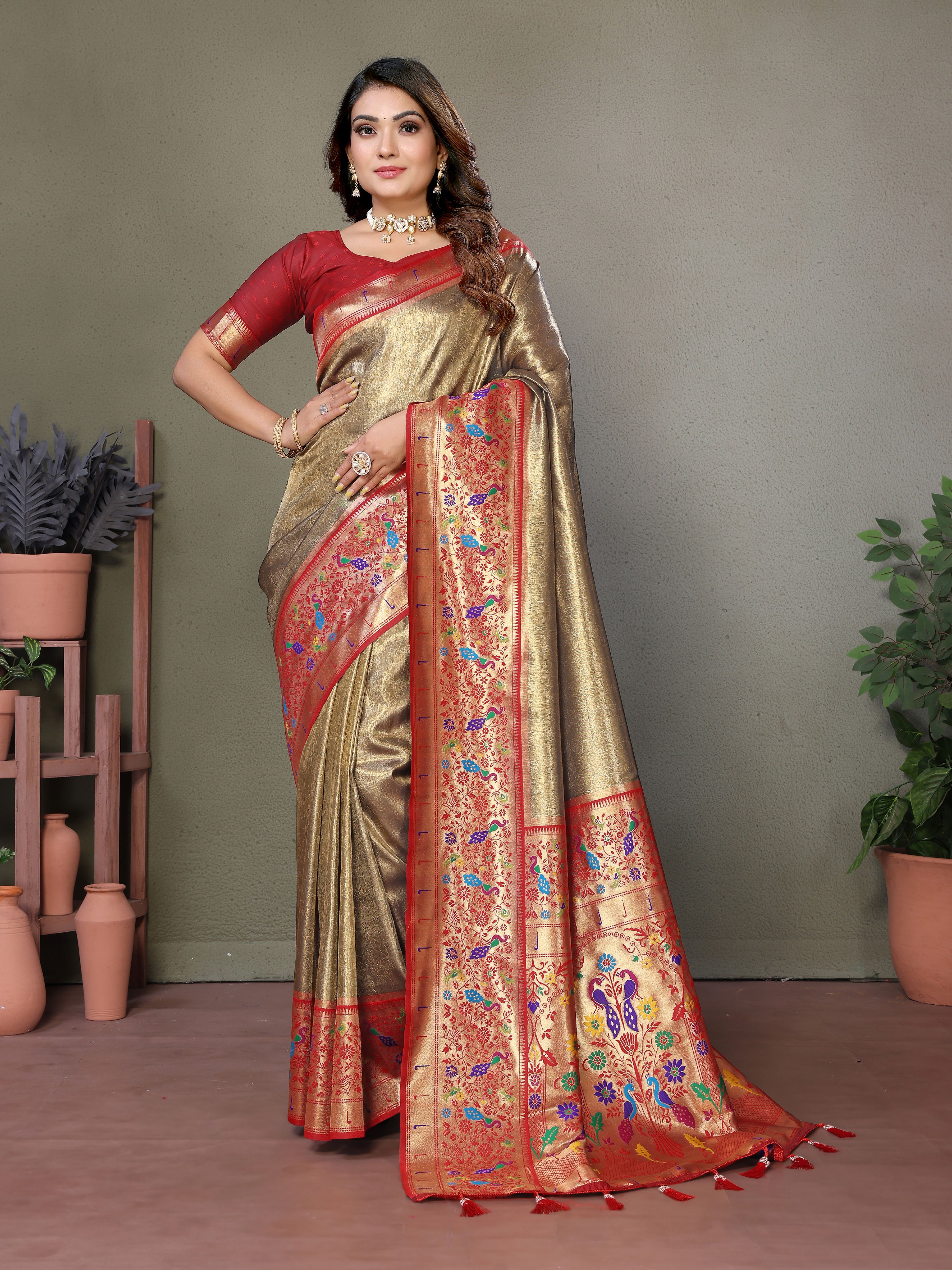 Exquisite Brown Silk Saree with Traditional Paithani Work & Burgundy Blouse.