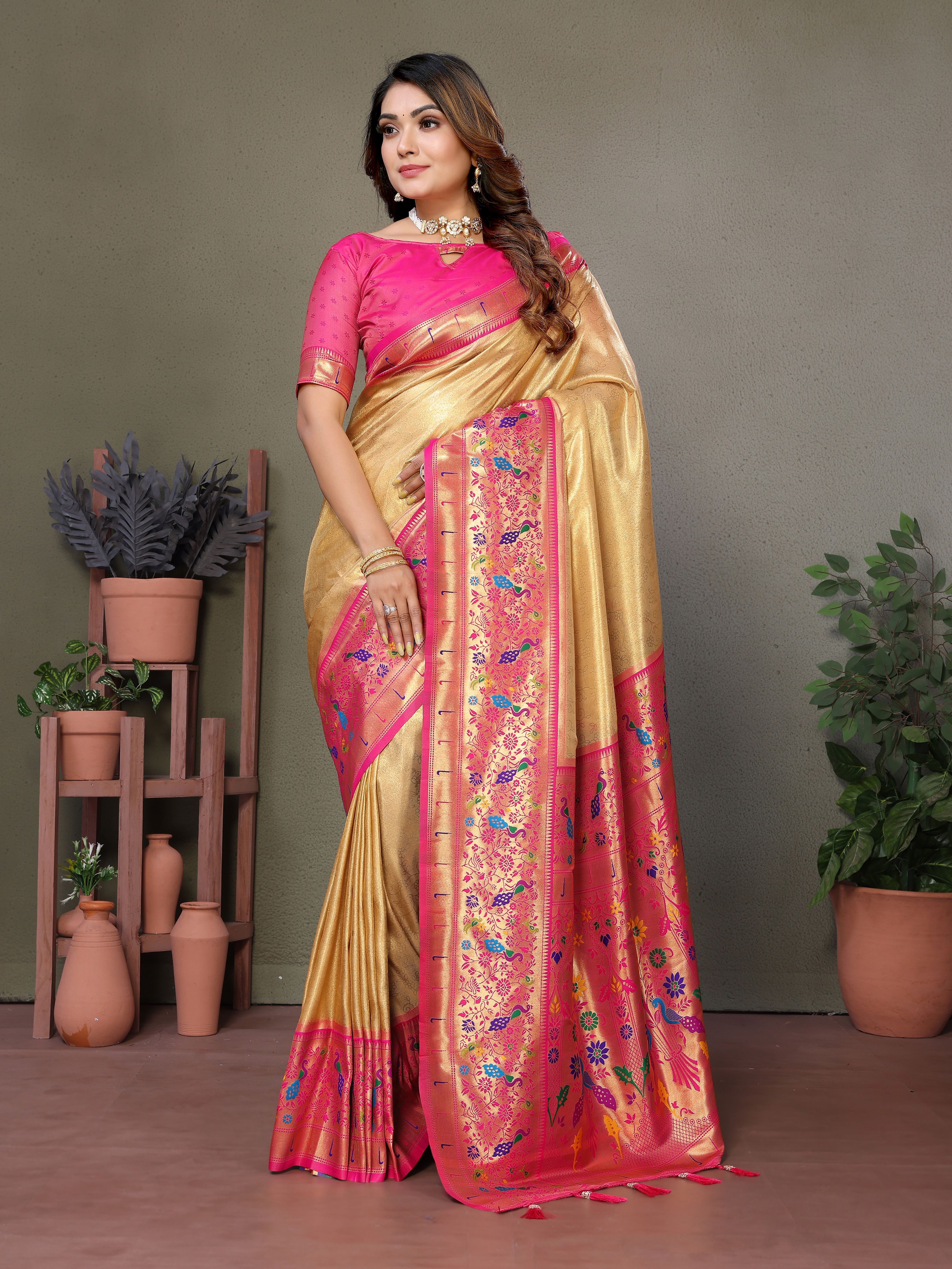 Radiant Yellow Silk Saree with Traditional Paithani Work & Pink Blouse