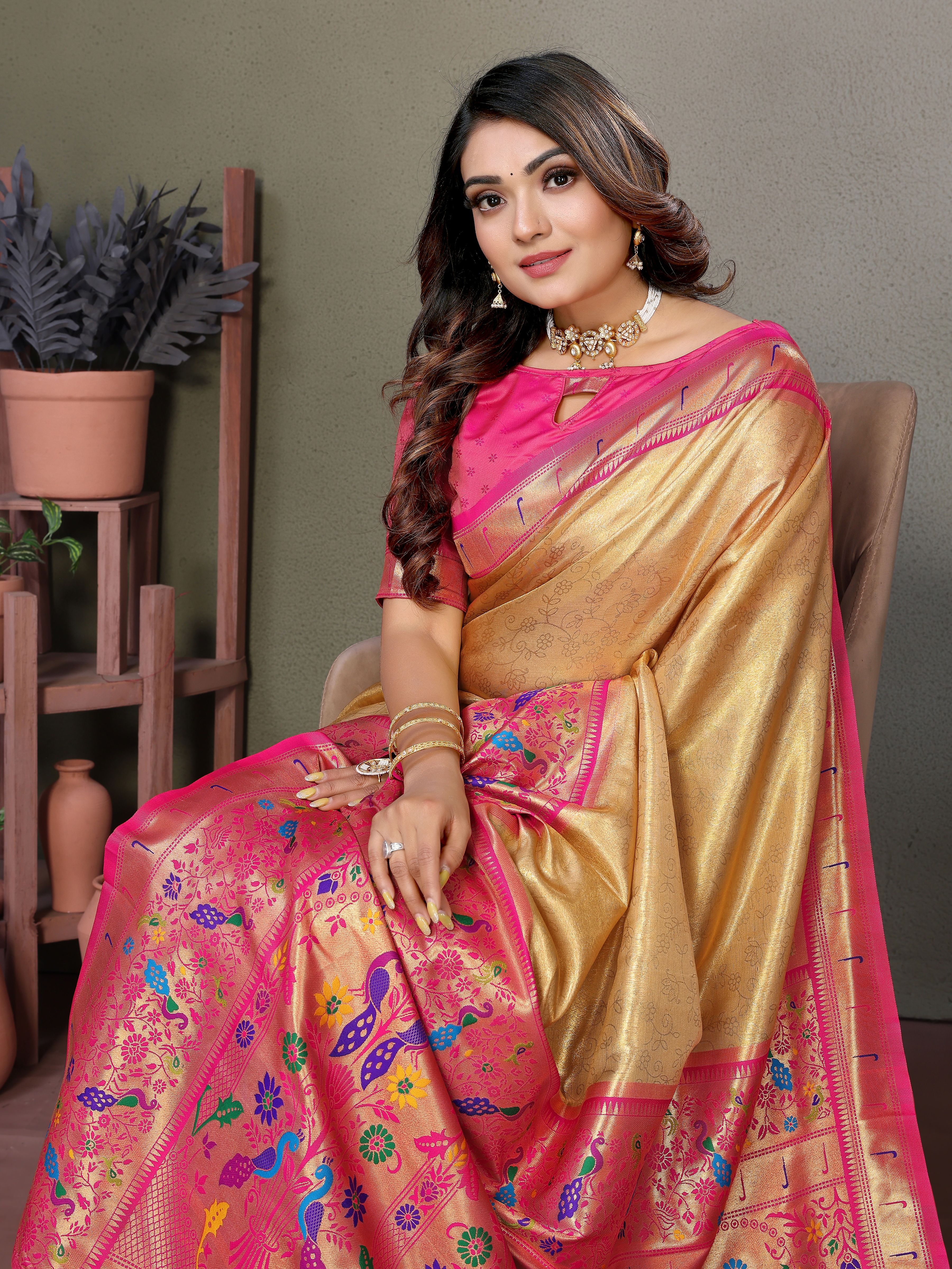 Radiant Yellow Silk Saree with Traditional Paithani Work & Pink Blouse