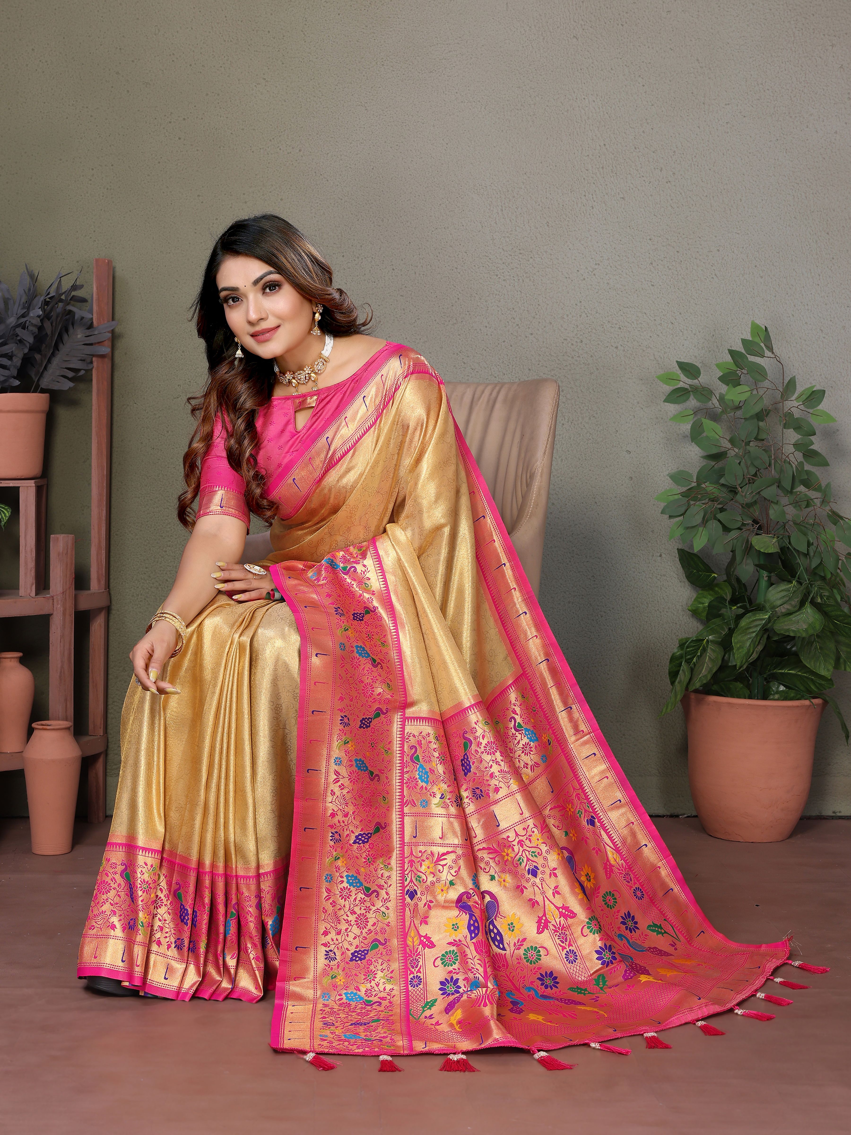 Radiant Yellow Silk Saree with Traditional Paithani Work & Pink Blouse
