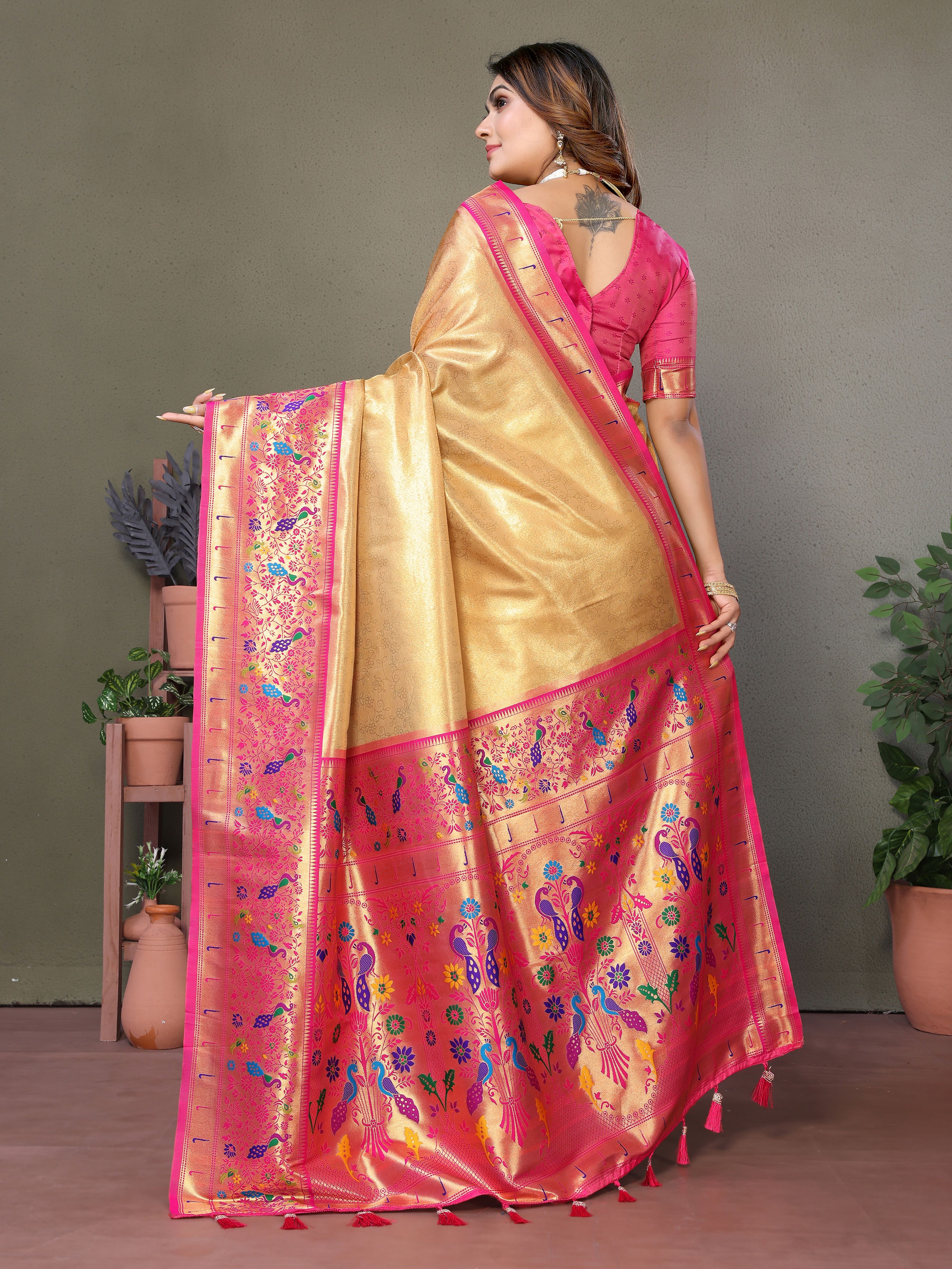 Radiant Yellow Silk Saree with Traditional Paithani Work & Pink Blouse