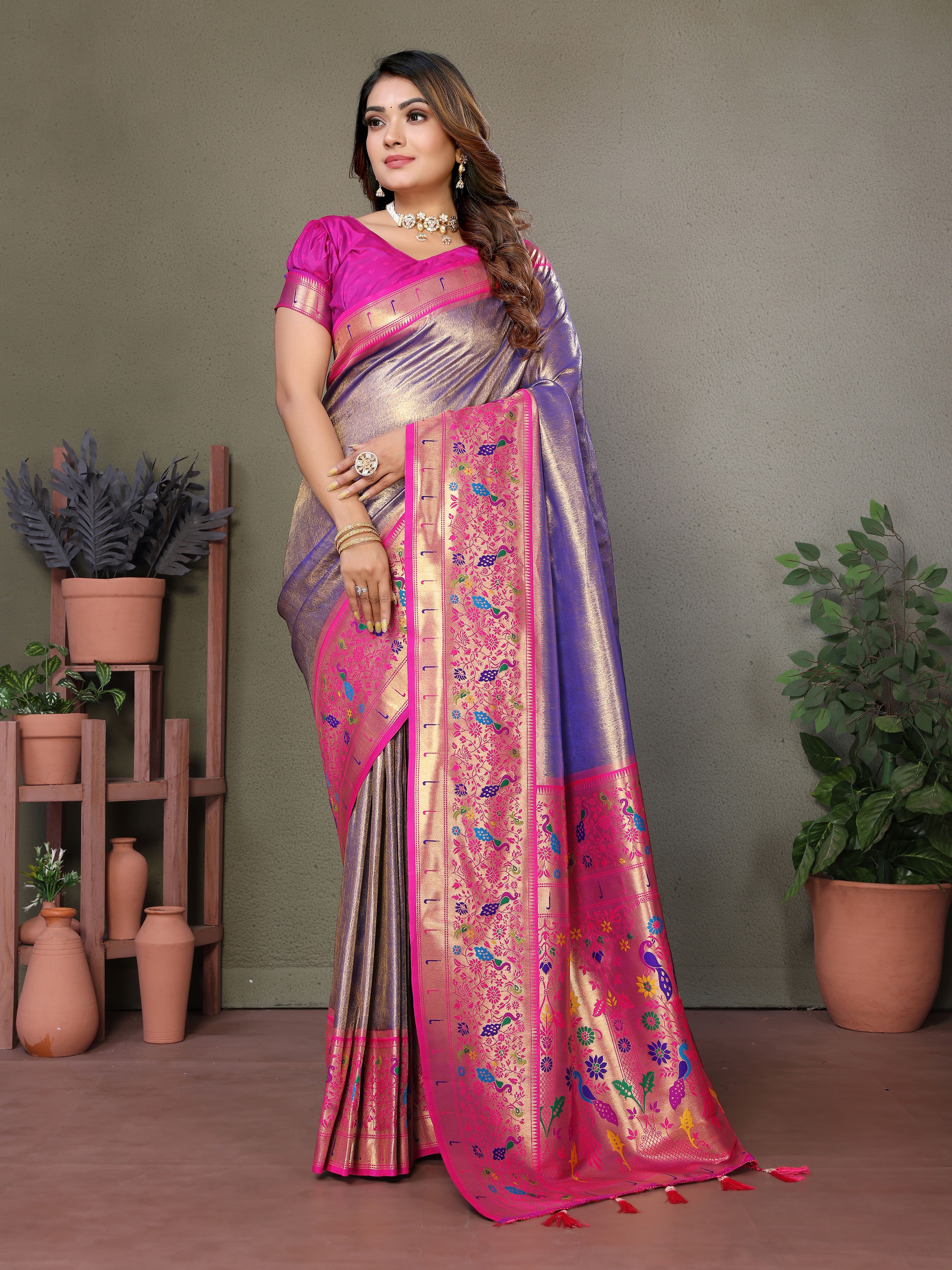 Graceful Lavender Silk Saree with Traditional Paithani Work & Magenta Blouse