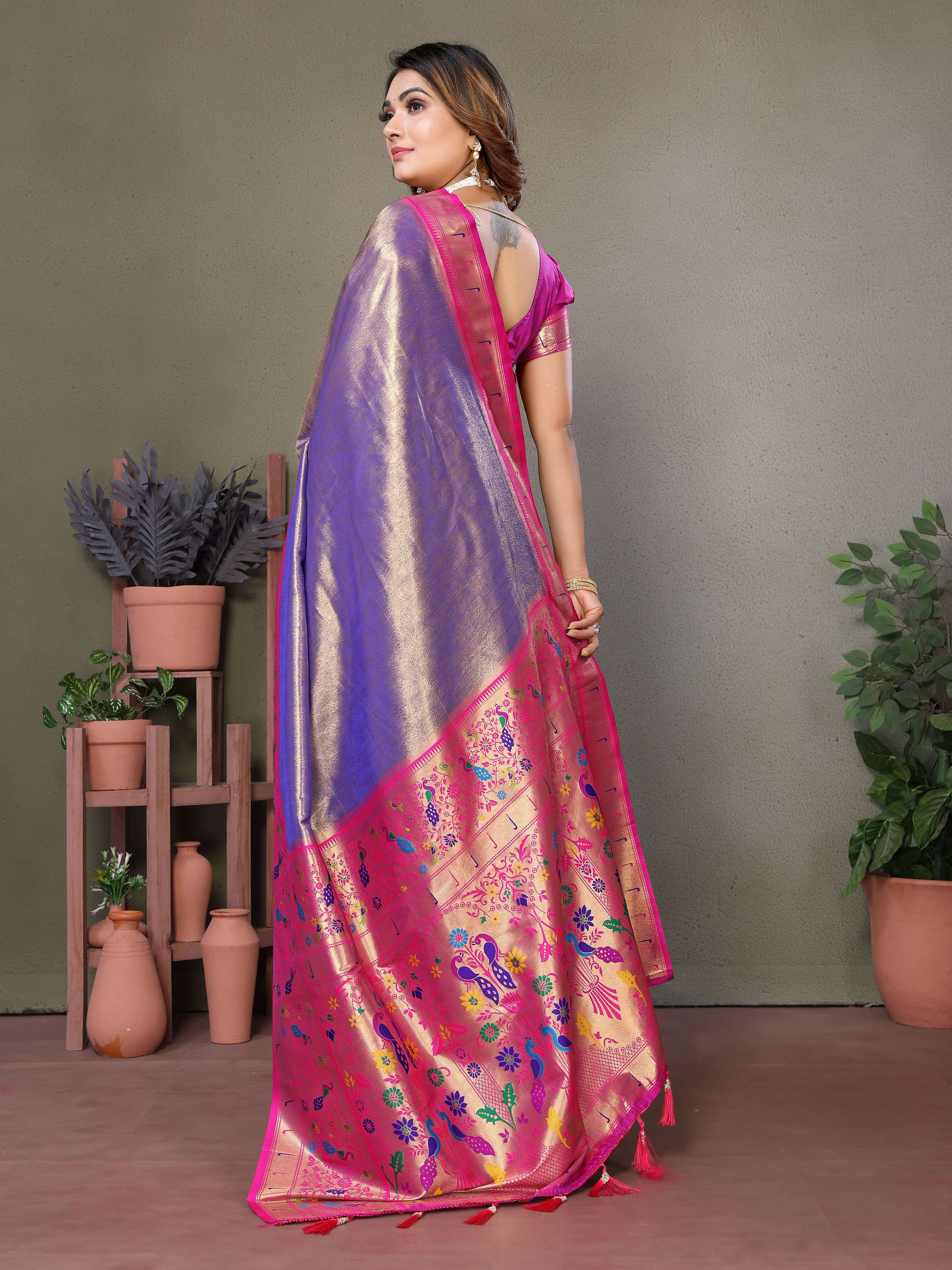 Graceful Lavender Silk Saree with Traditional Paithani Work & Magenta Blouse