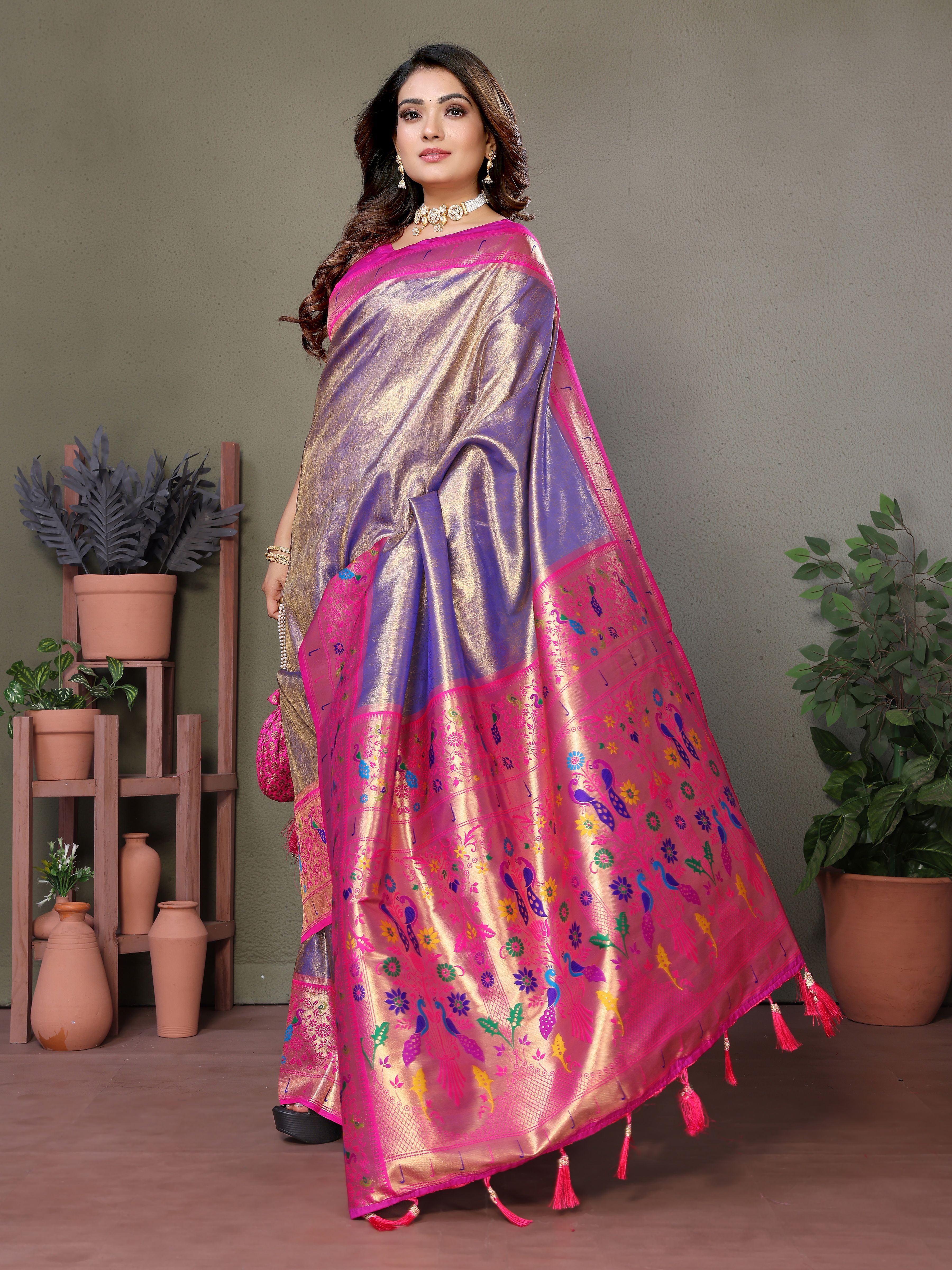 Graceful Lavender Silk Saree with Traditional Paithani Work & Magenta Blouse