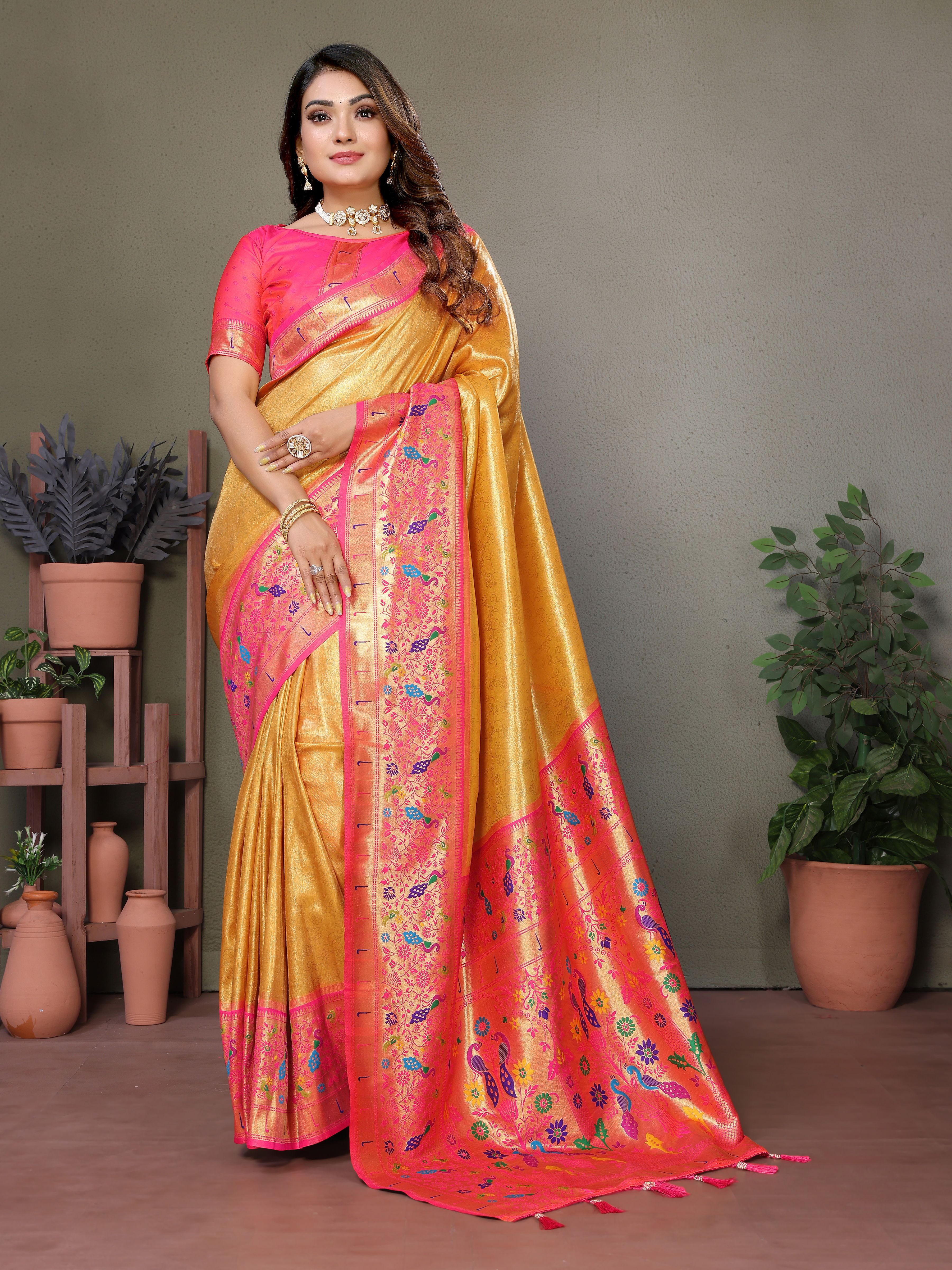 Drape yourself in elegance with this mustard yellow Paithani silk saree