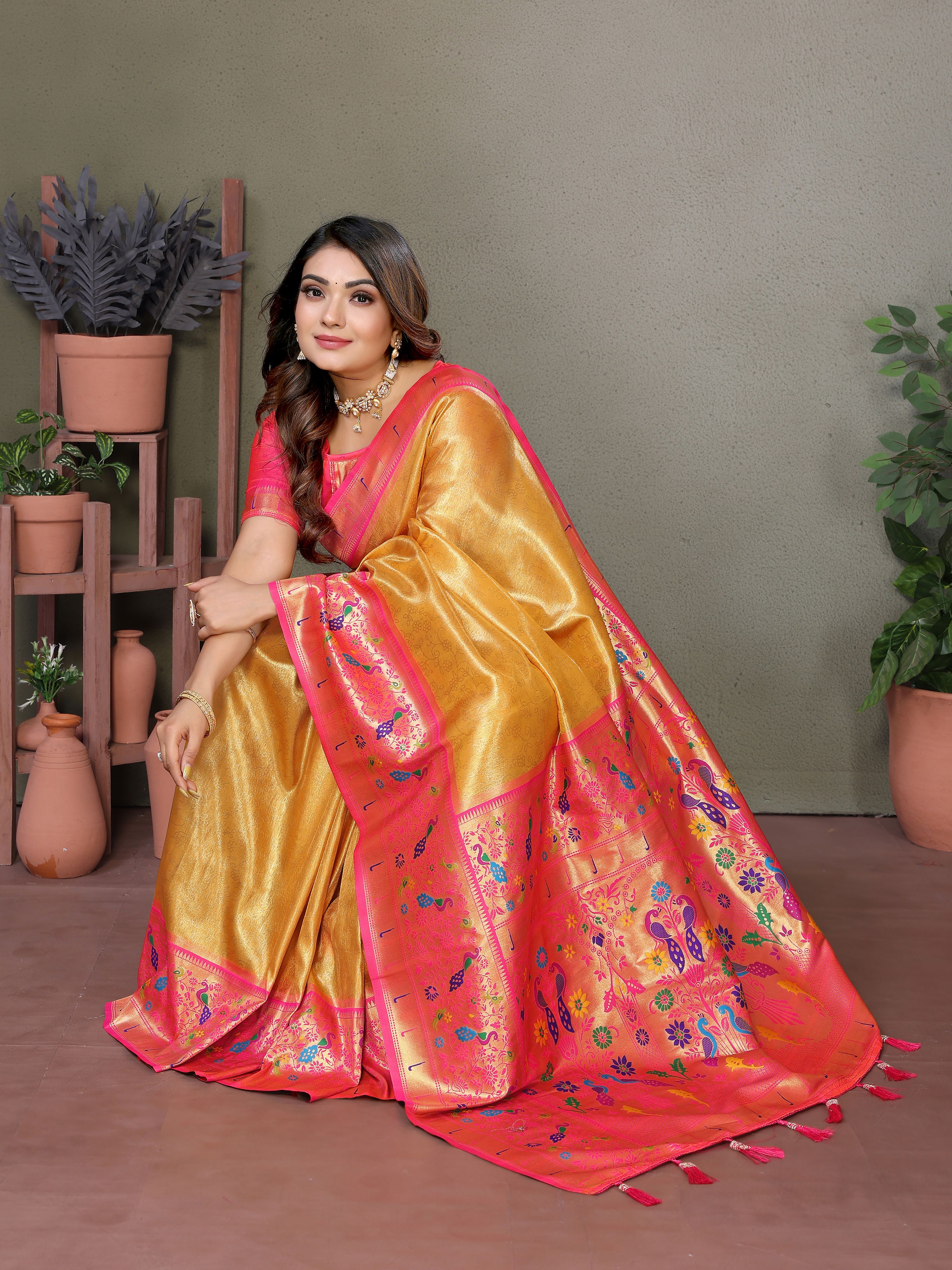 Drape yourself in elegance with this mustard yellow Paithani silk saree