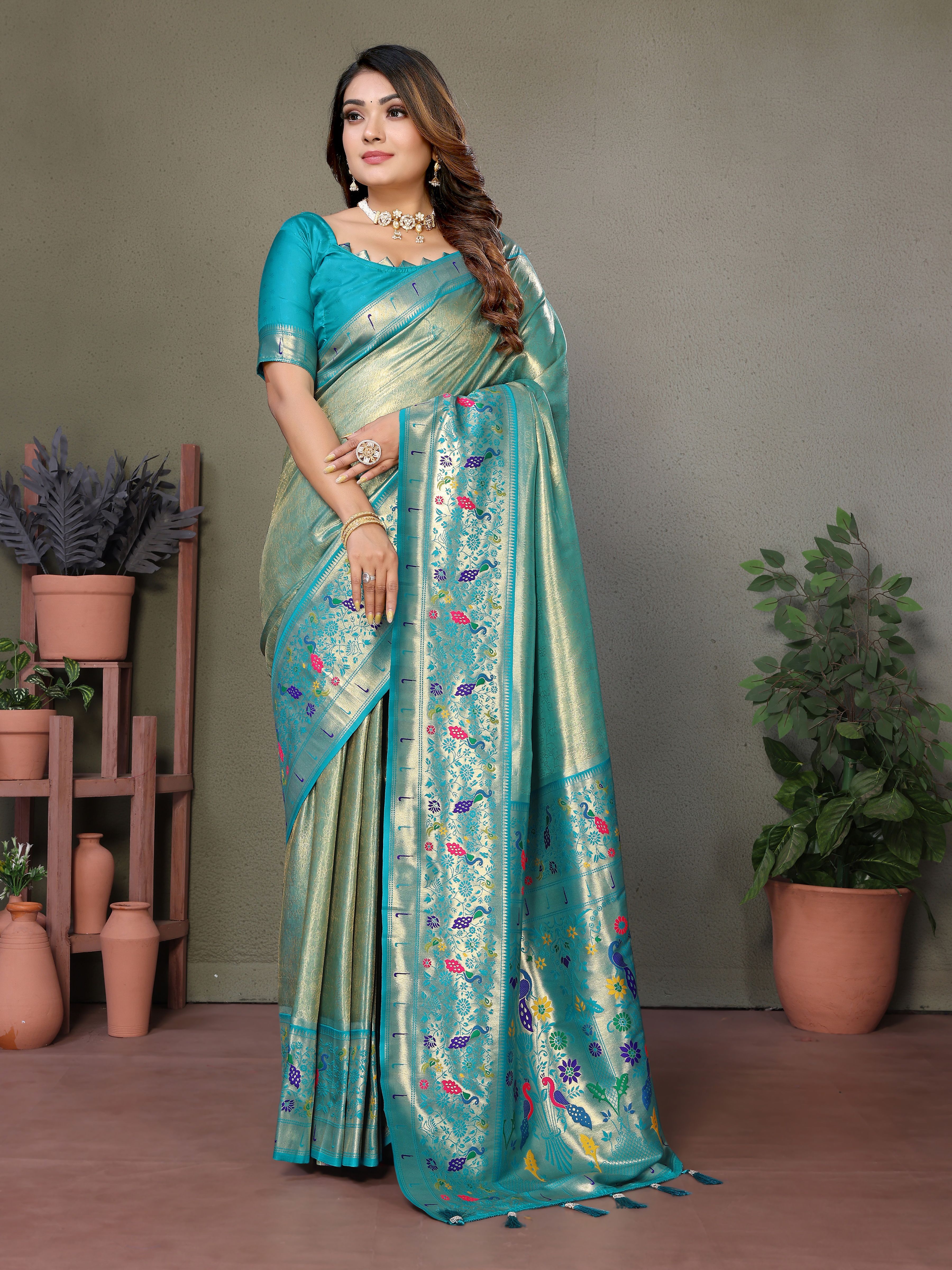 Ethereal Sky Blue Silk Saree with Traditional Paithani Work & Turquoise Blue Blouse