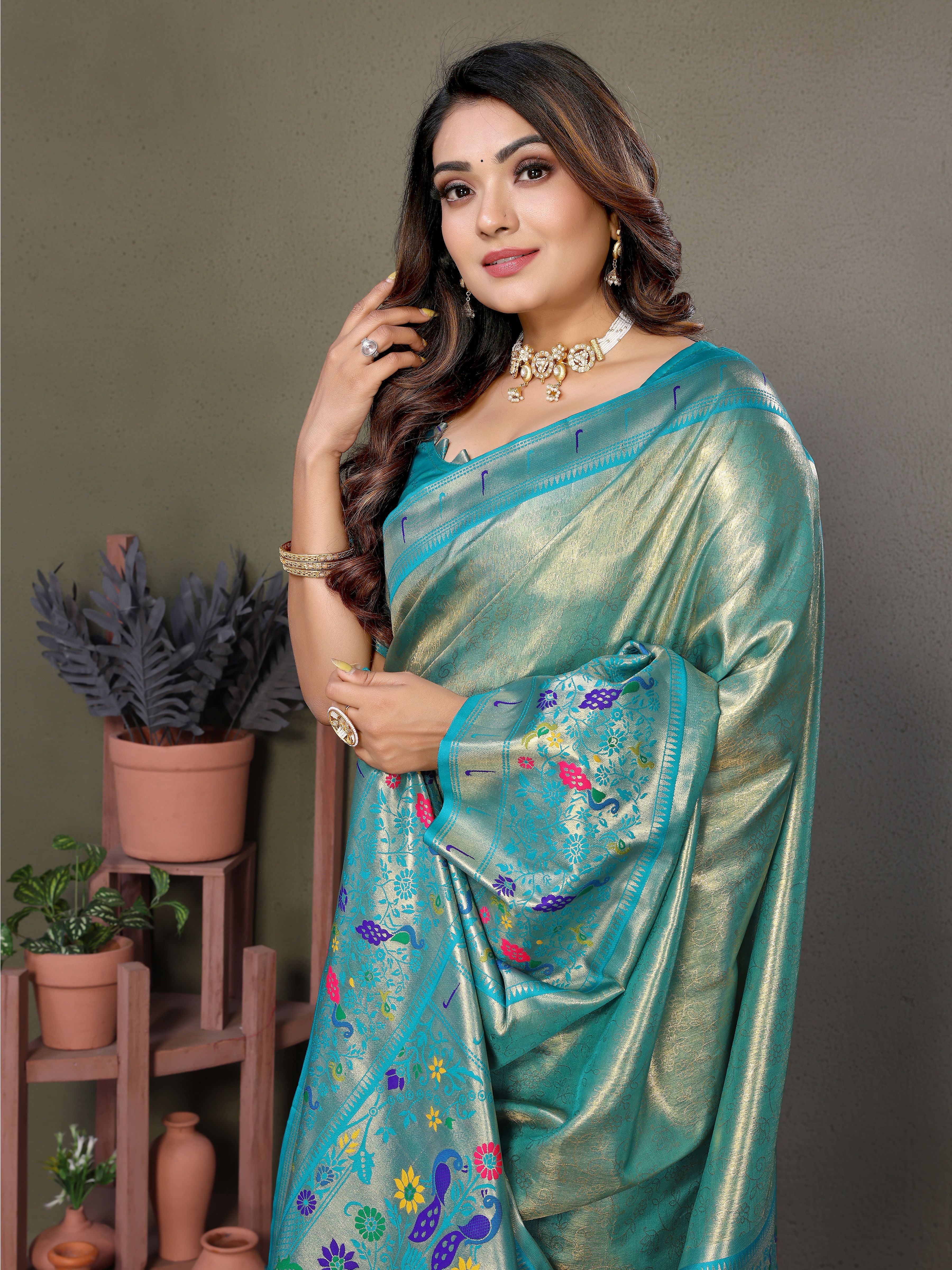 Ethereal Sky Blue Silk Saree with Traditional Paithani Work & Turquoise Blue Blouse