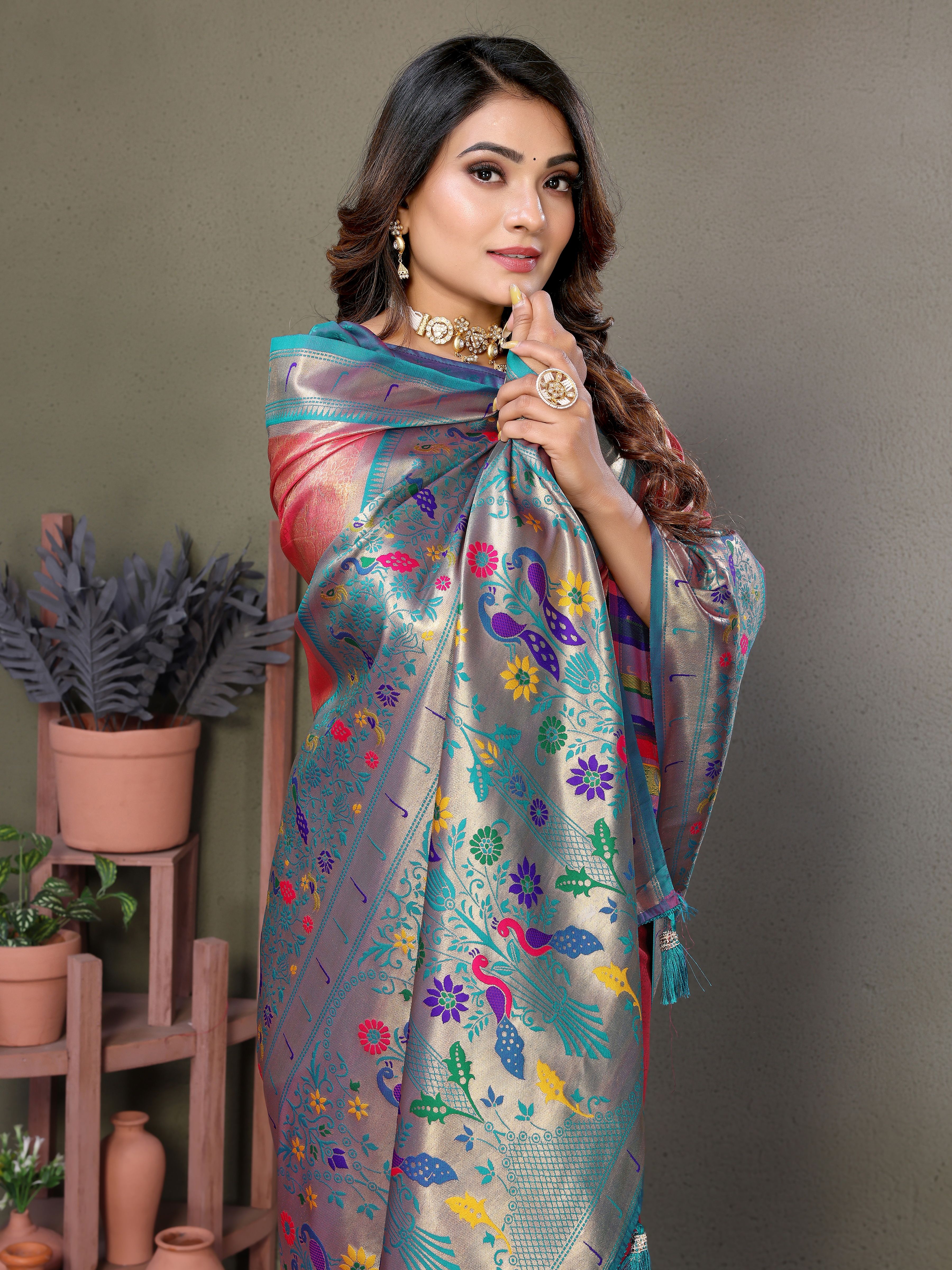 Graceful Pink Silk Saree with Traditional Paithani Work & Multi-Shaded Blue Blouse