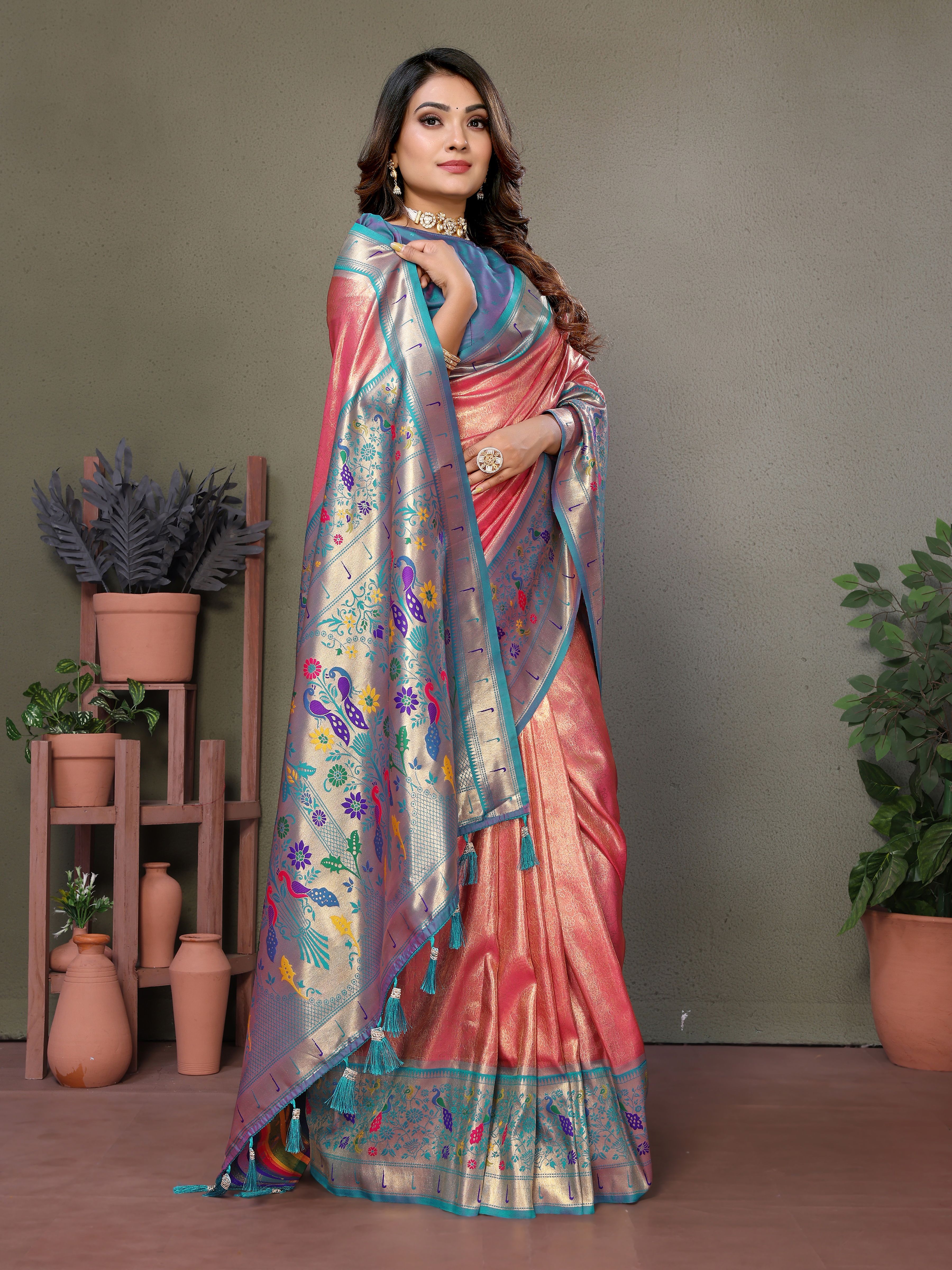 Graceful Pink Silk Saree with Traditional Paithani Work & Multi-Shaded Blue Blouse