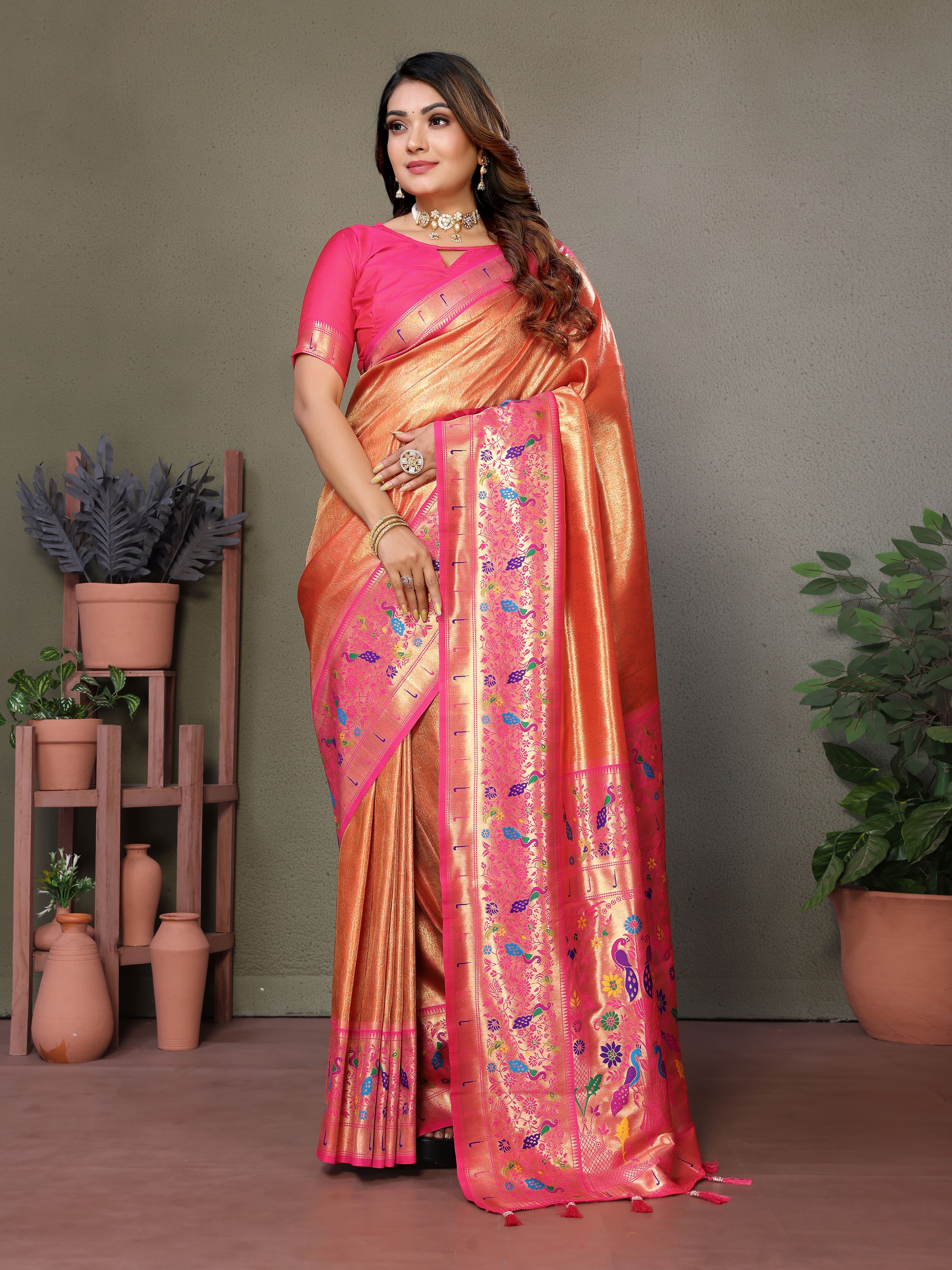 Radiant Orange Silk Saree with Traditional Paithani Work & Pink Blouse 