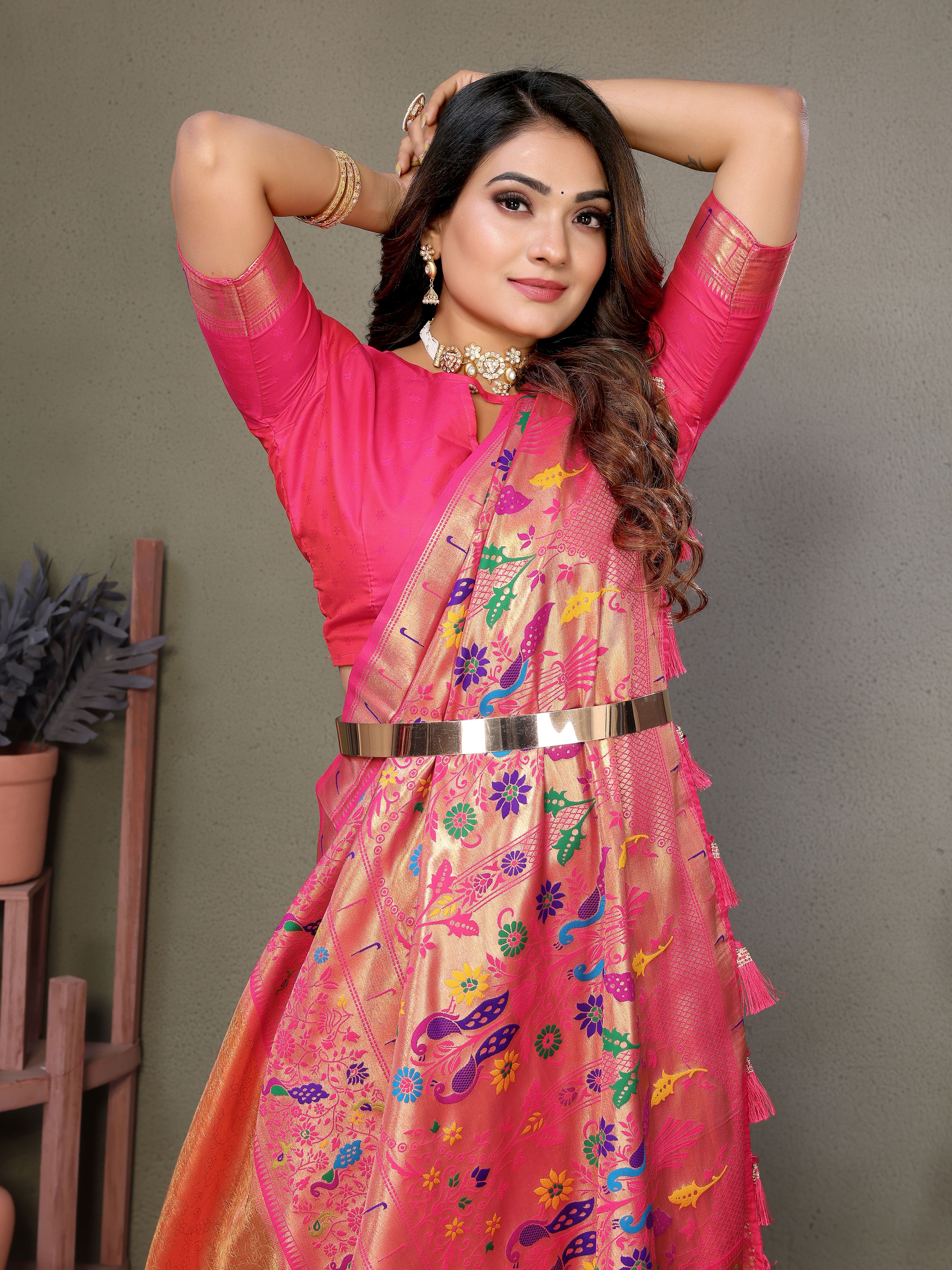 Radiant Orange Silk Saree with Traditional Paithani Work & Pink Blouse 