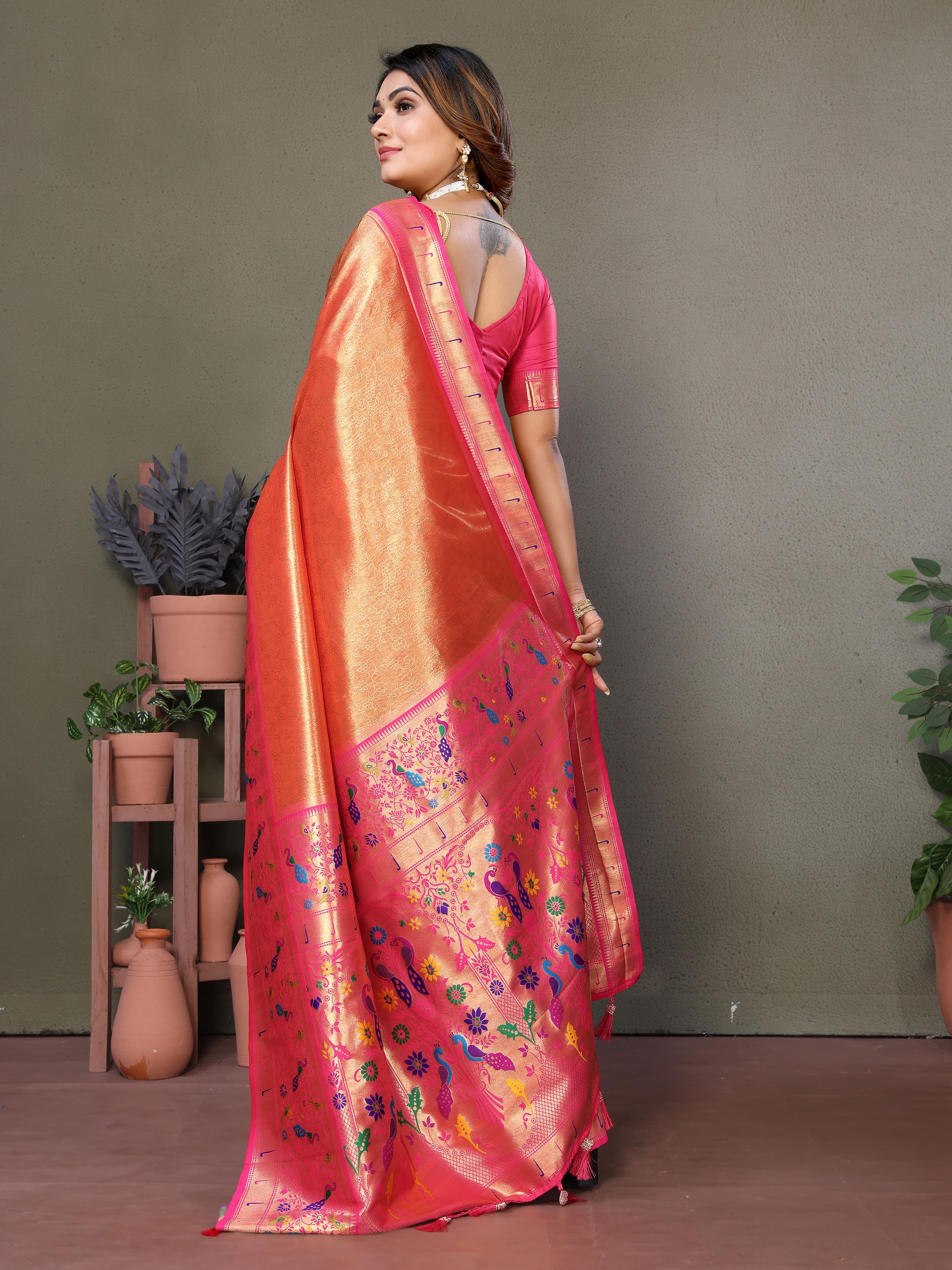 Radiant Orange Silk Saree with Traditional Paithani Work & Pink Blouse 