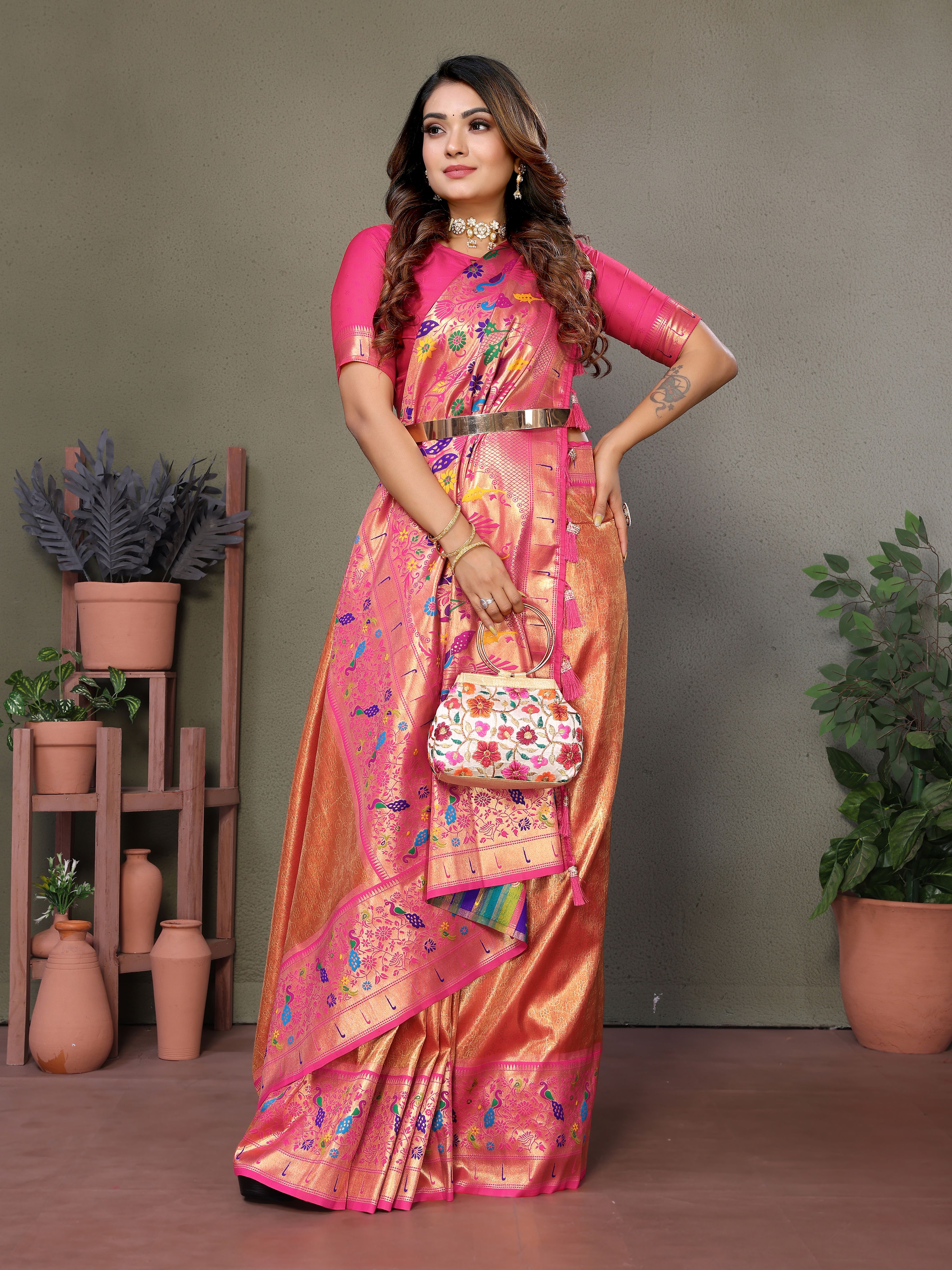 Radiant Orange Silk Saree with Traditional Paithani Work & Pink Blouse 