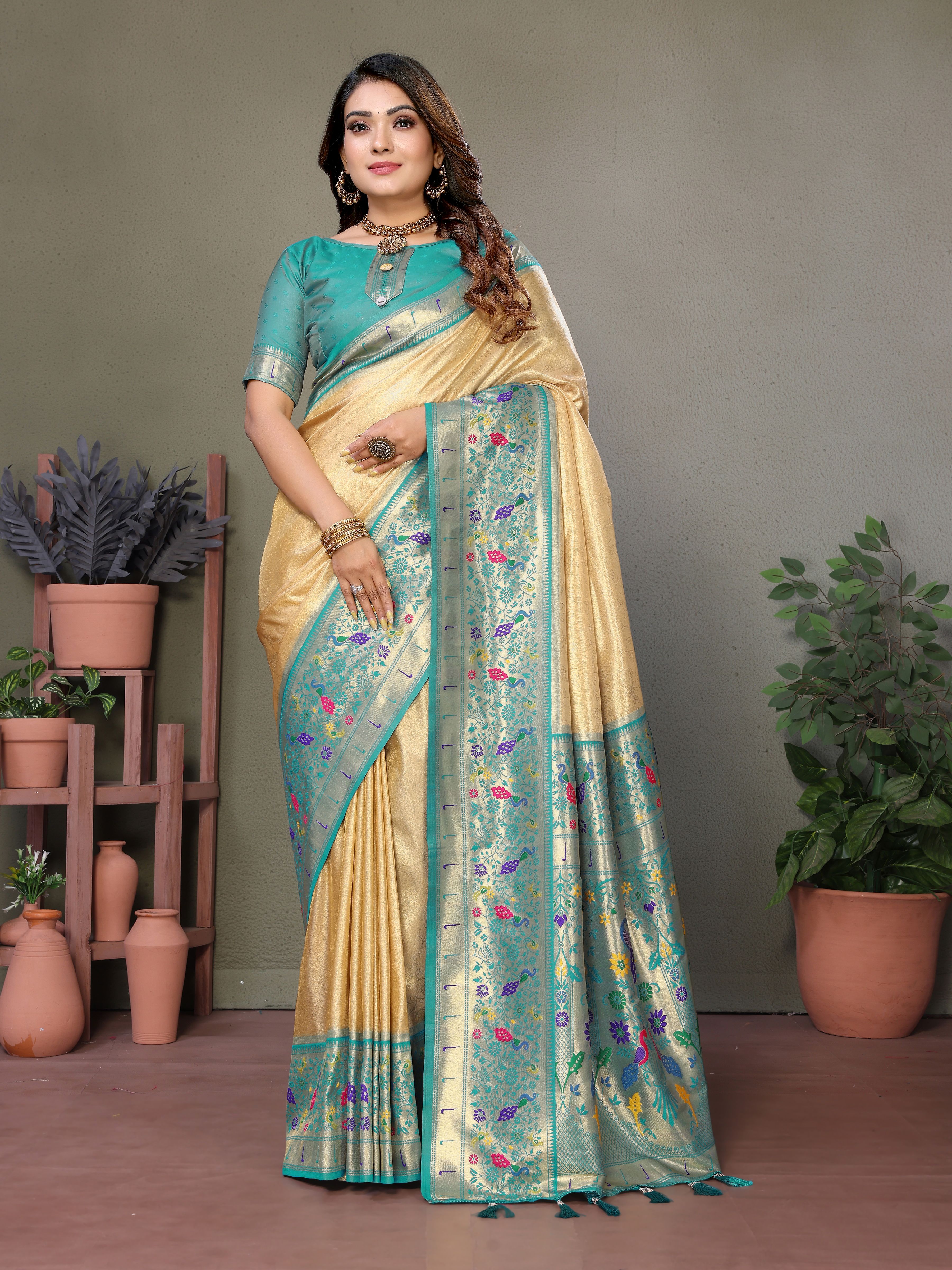 Elegant Brown-Beige Silk Saree with Traditional Paithani Work & Blue Blouse