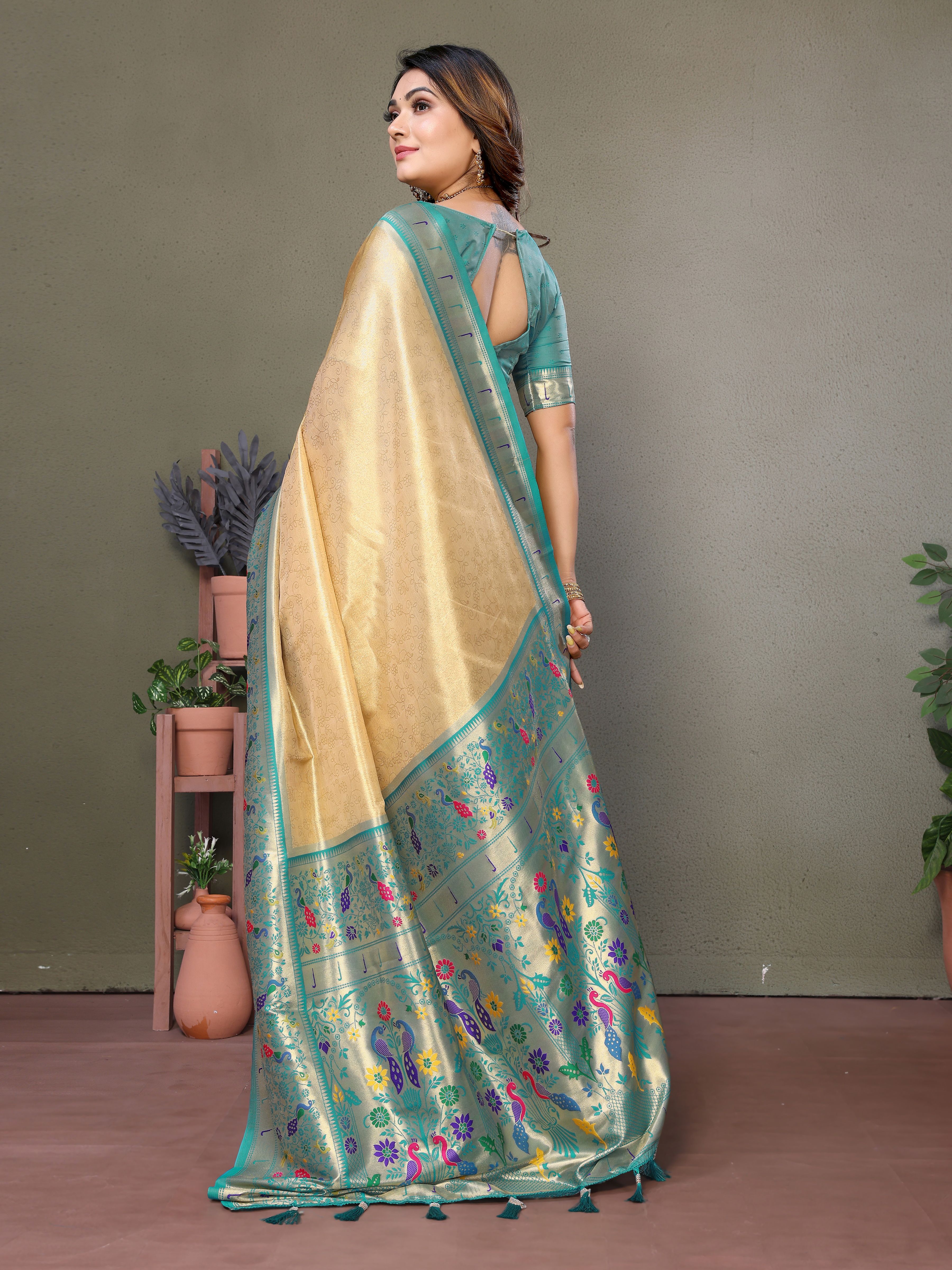 Elegant Brown-Beige Silk Saree with Traditional Paithani Work & Blue Blouse